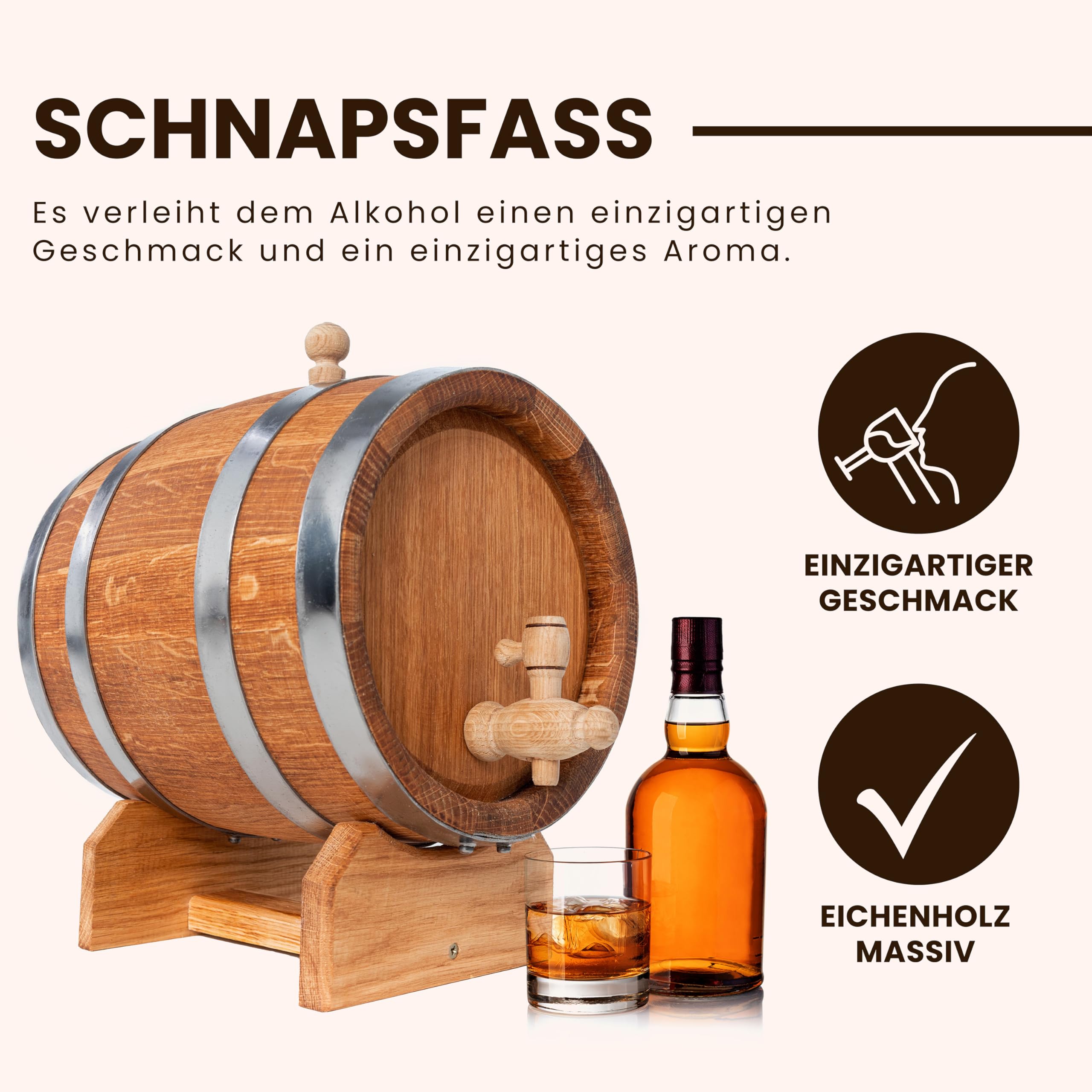 Barril Madera 50L - Barril Pequeño de Roble para Alcohol - Barrica de Vino - Mini Bar con Dispensador de Whisky - Barril Vino 50 litros - Ideal para Degustaciones o como Regalo