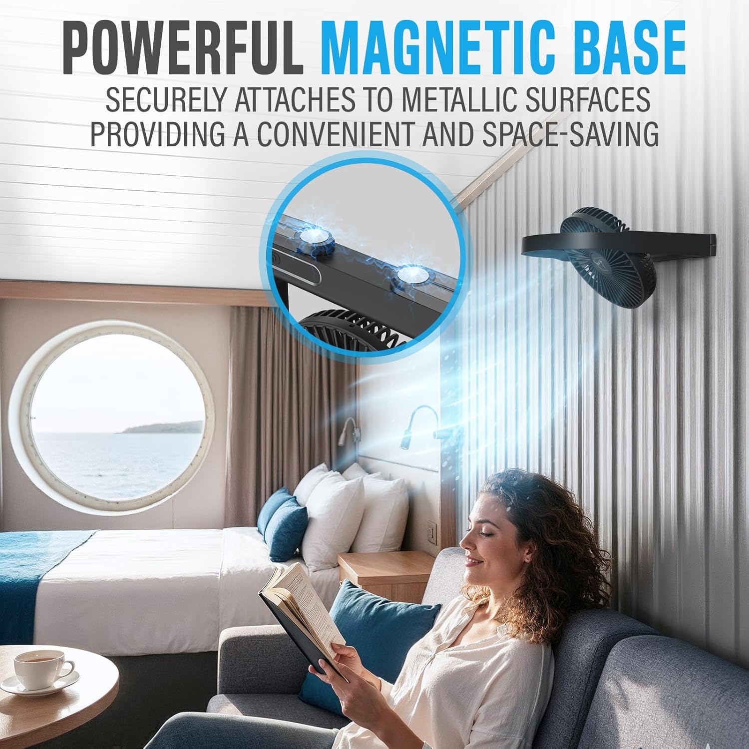 magnetic cruise fan cabin approved - durable rechargeable battery, multi-color rgb led light, sleep-friendly smart display & timer, magnetically sticks on cabin ceilings and walls - sleek design black