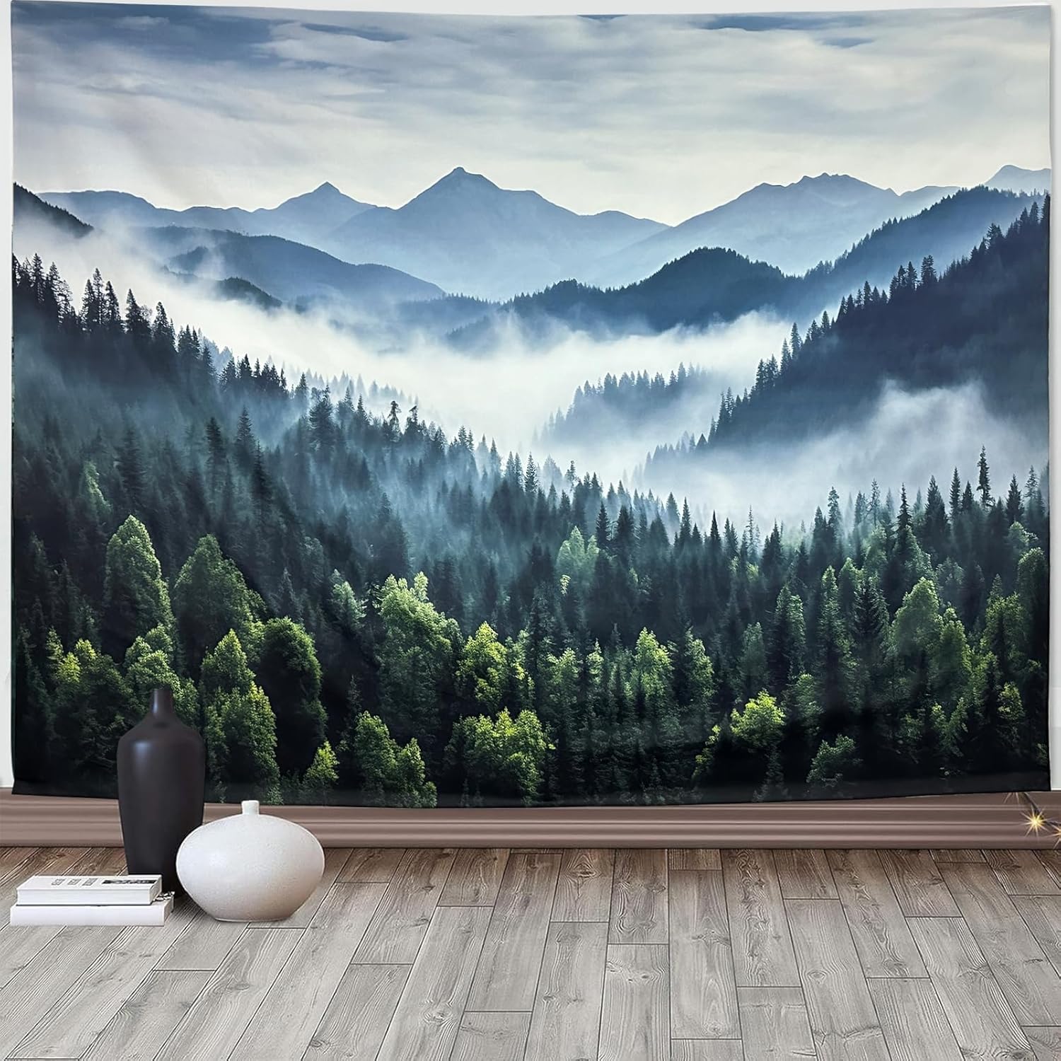 TUGCAY Misty Mountain Forest Tapestry Foggy Tree Tapestry Nature Scenery Landscape Wall Tapestries Aesthetic for Bedroom Living Room Dorm Office Decor 90 x 70 Inches