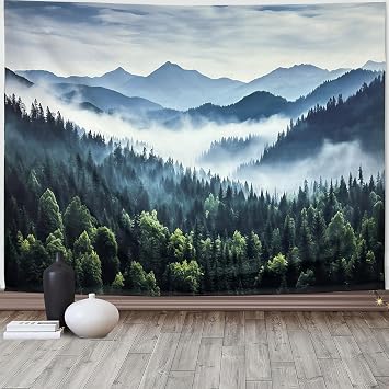 TUGCAY Misty Mountain Forest Tapestry Foggy Tree Tapestry Nature Scenery Landscape Wall Tapestries Aesthetic for Bedroom Living Room Dorm Office Decor 60 x 50 Inches