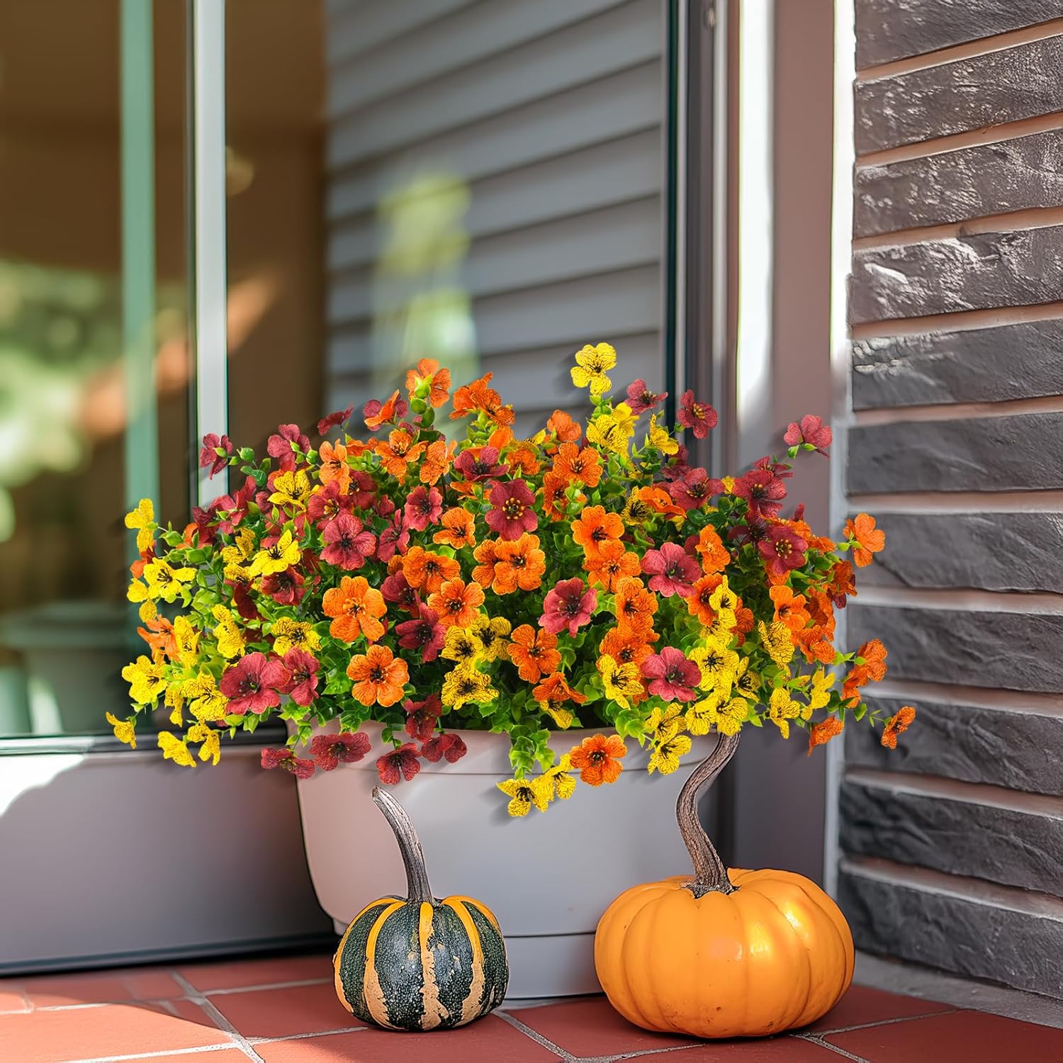 ZFProcess Artificial Fake Hanging Plants Flowers Basket, Faux Silk Daisy in Planter Realistic UV Resistant for Outside Home Patio Balcony Yard Mums Autumn Outdoor Decoration (Orange Brown Yellow)