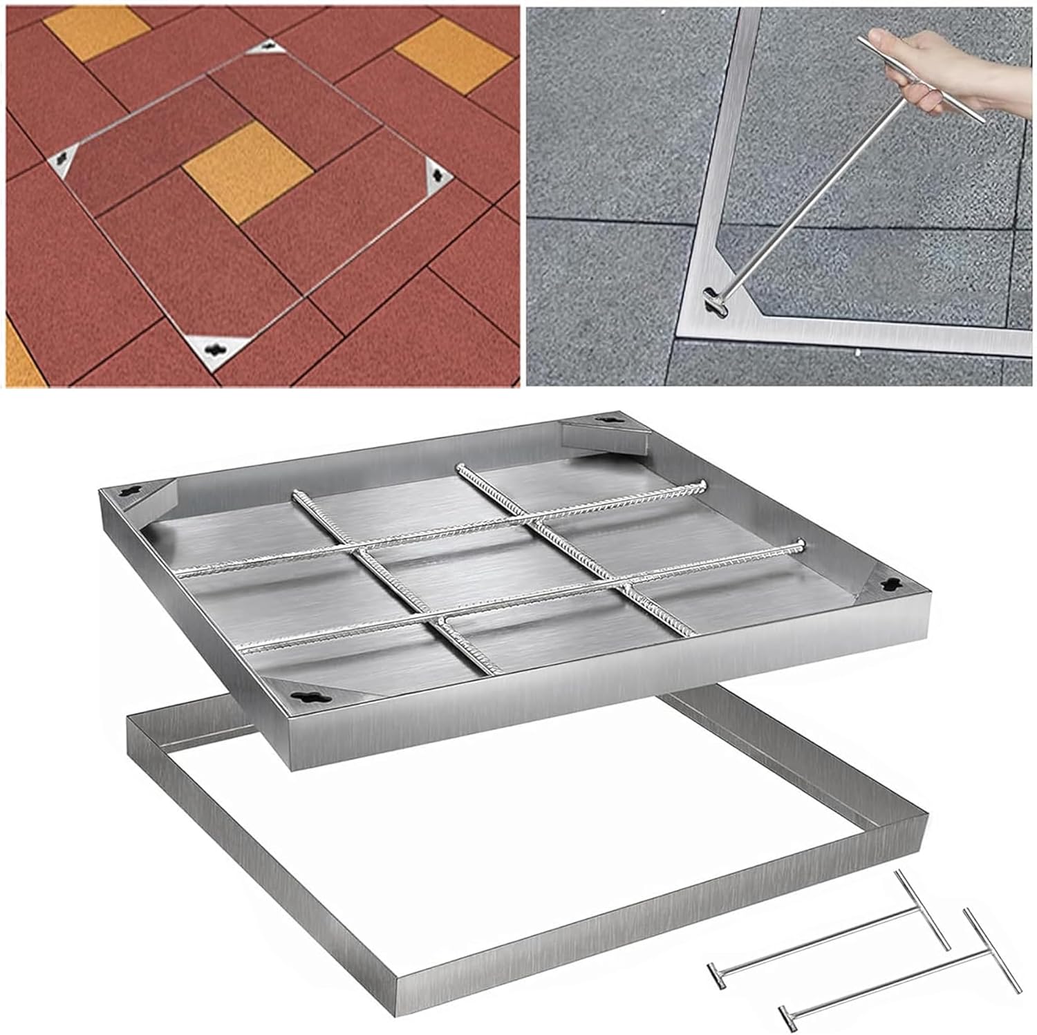 MYOYAY Stainless Steel Manhole Cover and Frame with 2 Lifting Hook, 24x24 inch Recessed Square Septic Tank Lid with Base, Invisible Sewage Basin Inspection Cover for Driveway Yard Pavement