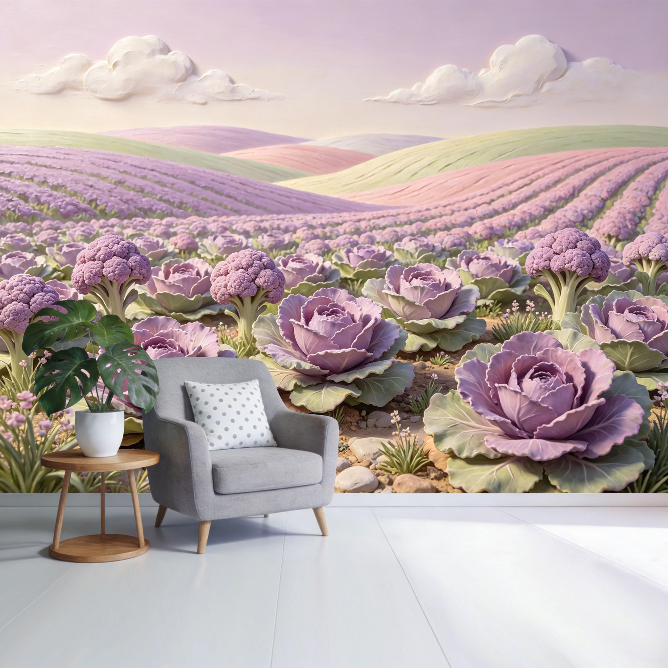 Custom Size Wall Mural Lavender Cabbage Field Pastel Landscape Botanical Natural Scene SelfAdhesive Wall Fabric Removable Wallpaper for Home Office Decor