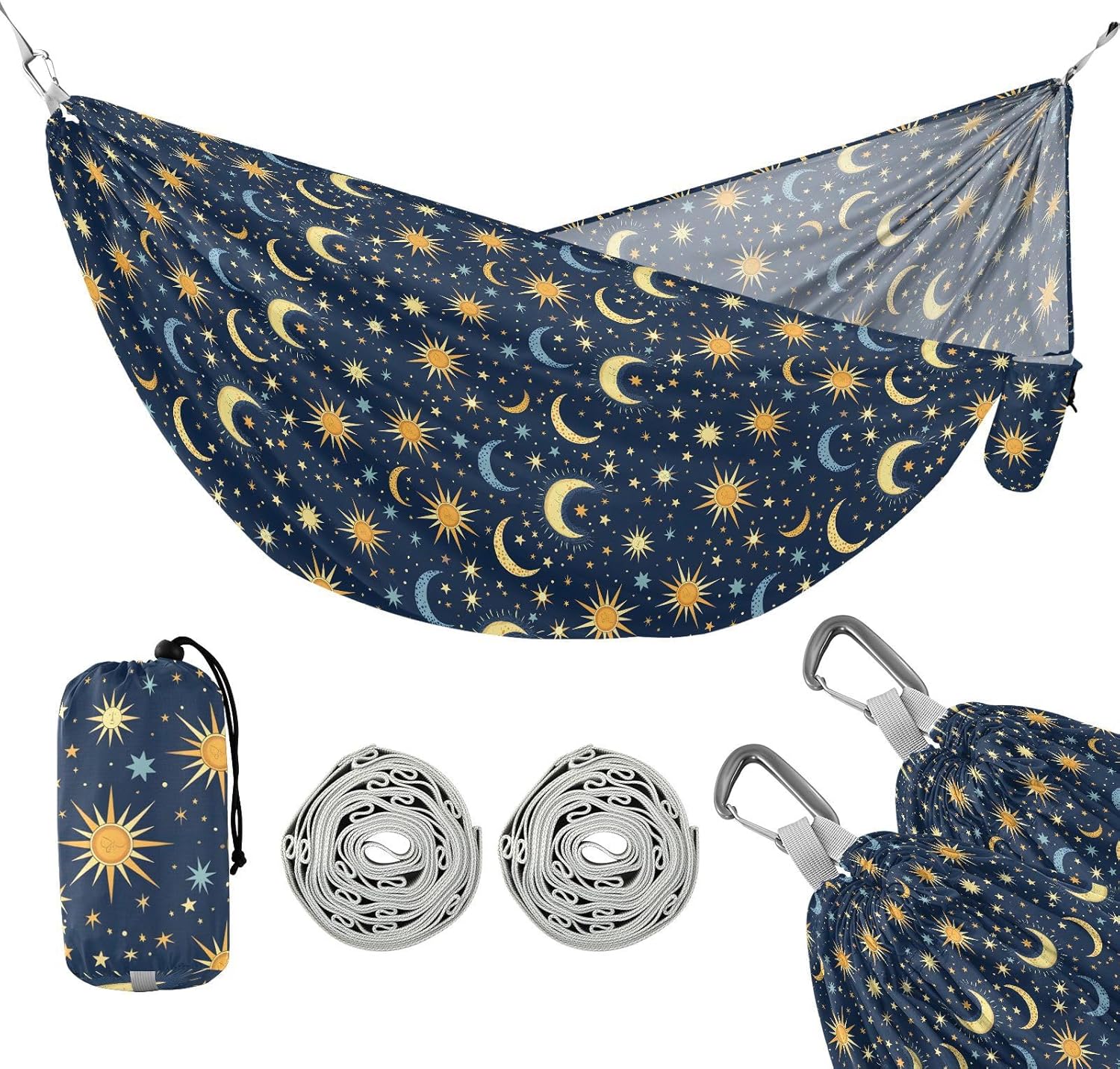 ALAZA Sun Moon Star Starry Sky Camping Hammocks Single or 2 Person 500 lbs Portable Parachute Travel Hammock w/Tree Straps for Hiking Backpacking Indoor Outdoor