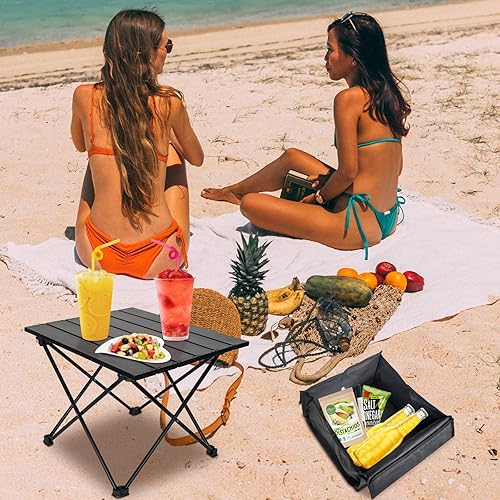Miniatura 13 de Mesa auxiliar plegable para campamento, mesa de playa pequeña ultraligera de aluminio, mesa portátil al aire libre con bolsa de transporte y Negro