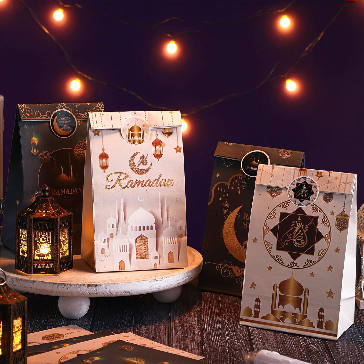 Tinlade 24 Pcs Eid Mubarak Party Favor Bags with Stickers 4 Styles Goodie Candy Paper Ramadan Treat Bags Party Favor Muslim Ramadan Gift for Eid Supplies Decoration - Image 4