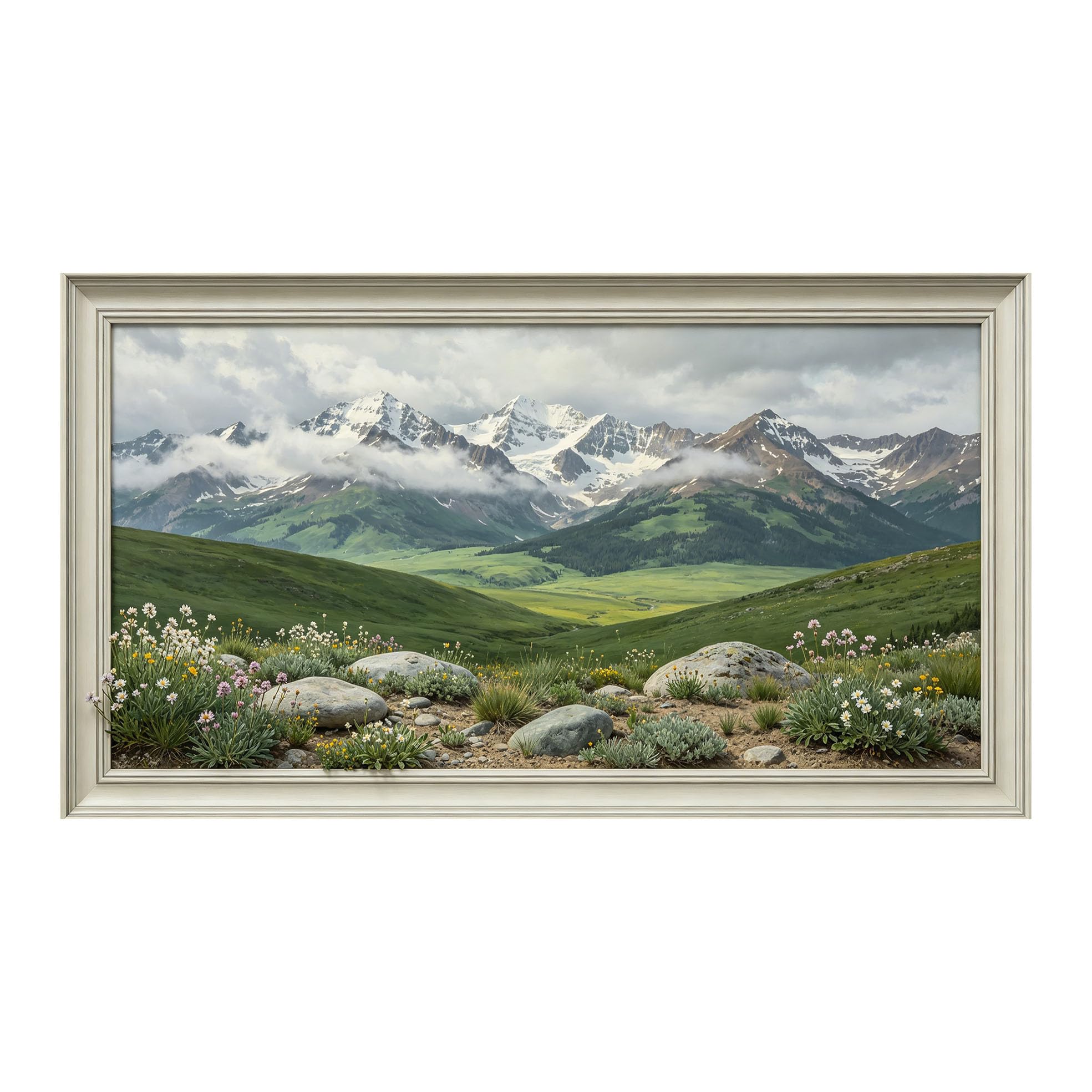 Yzpallescene 3D Framed Wall Art 50cm×100cm Snow Mountain Meadow Botanical Panoramic Realistic Large Size SelfAdhesive Removable Wall Decor Prints Artwork for Living Room Bedroom Office