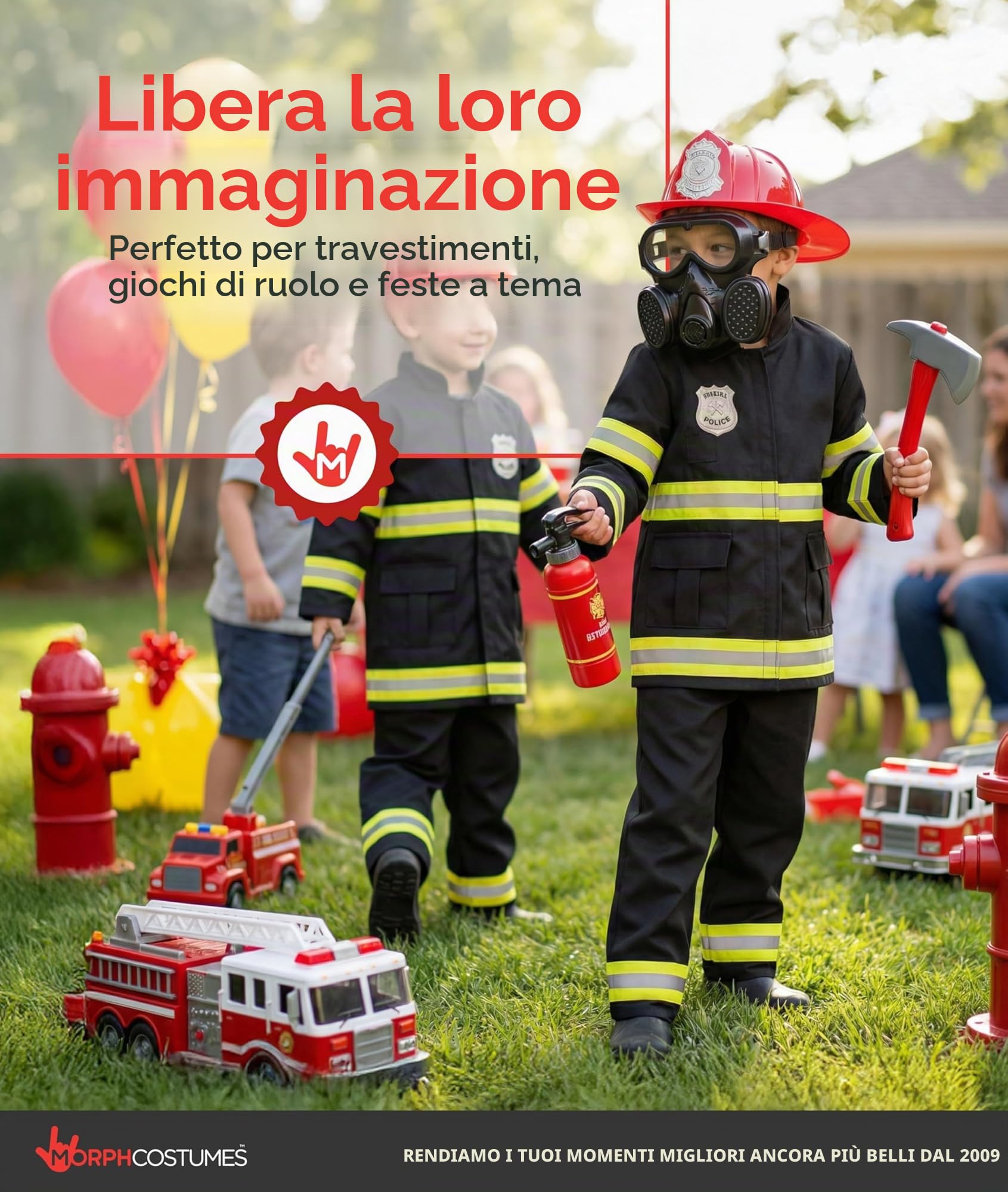 Morph Costume Pompiere Bambino, Costume Halloween Bambino | Giacca con Bordi Riflettenti, Pantaloni, Casco & Estintore, Perfetto per Halloween, Ideale per il Gioco di Ruolo