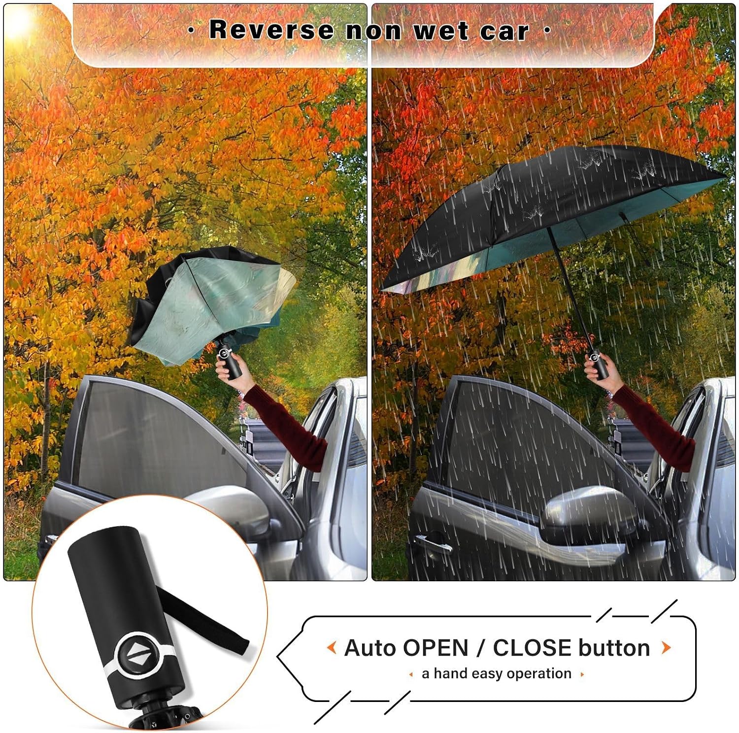 UPF 50+ Large Travel Umbrella Cat Cute Floral Compact for Rain and Sun - One-Click Automatic Open and Close - Windproof Portable 46” Sun Umbrella