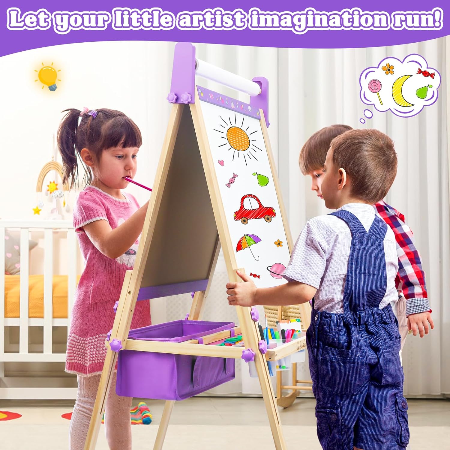 Easel for Kids Toys,Toddler Art Easel Toys for 4 5 6 7 8 Year Old,Adjustable Wooden Double-Sided Magnetic Easels Drawing Boards with Paper Roll,White Dry Erase Boards,Chalk Board with Art Supplies