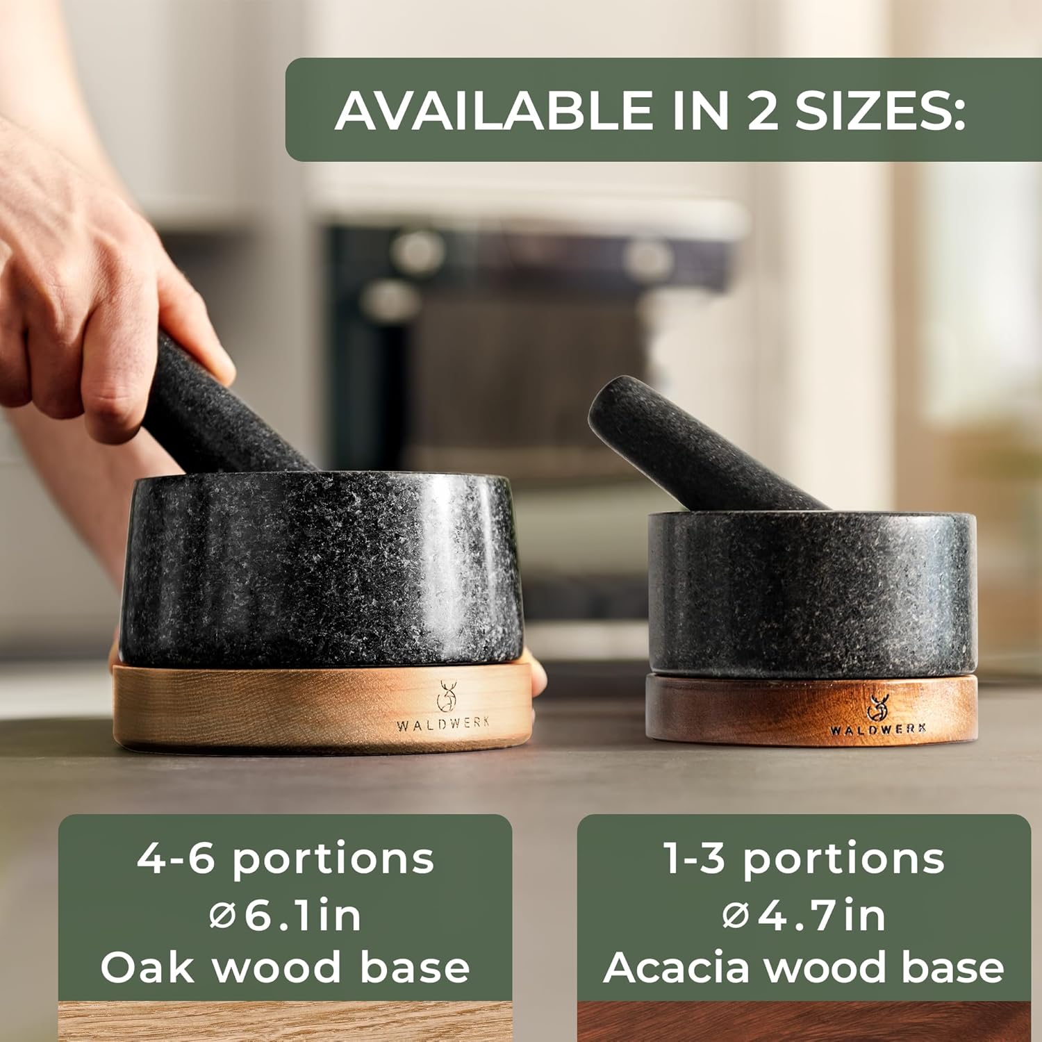 WALDWERK Mortar and Pestle - Mortar and Pestle Set with Anti-Scratch Acacia Wood Base - Mortar with Extra Large Pestle Out of Natural Granite - Large Mortar and Pestle - Perfect for Guacamole