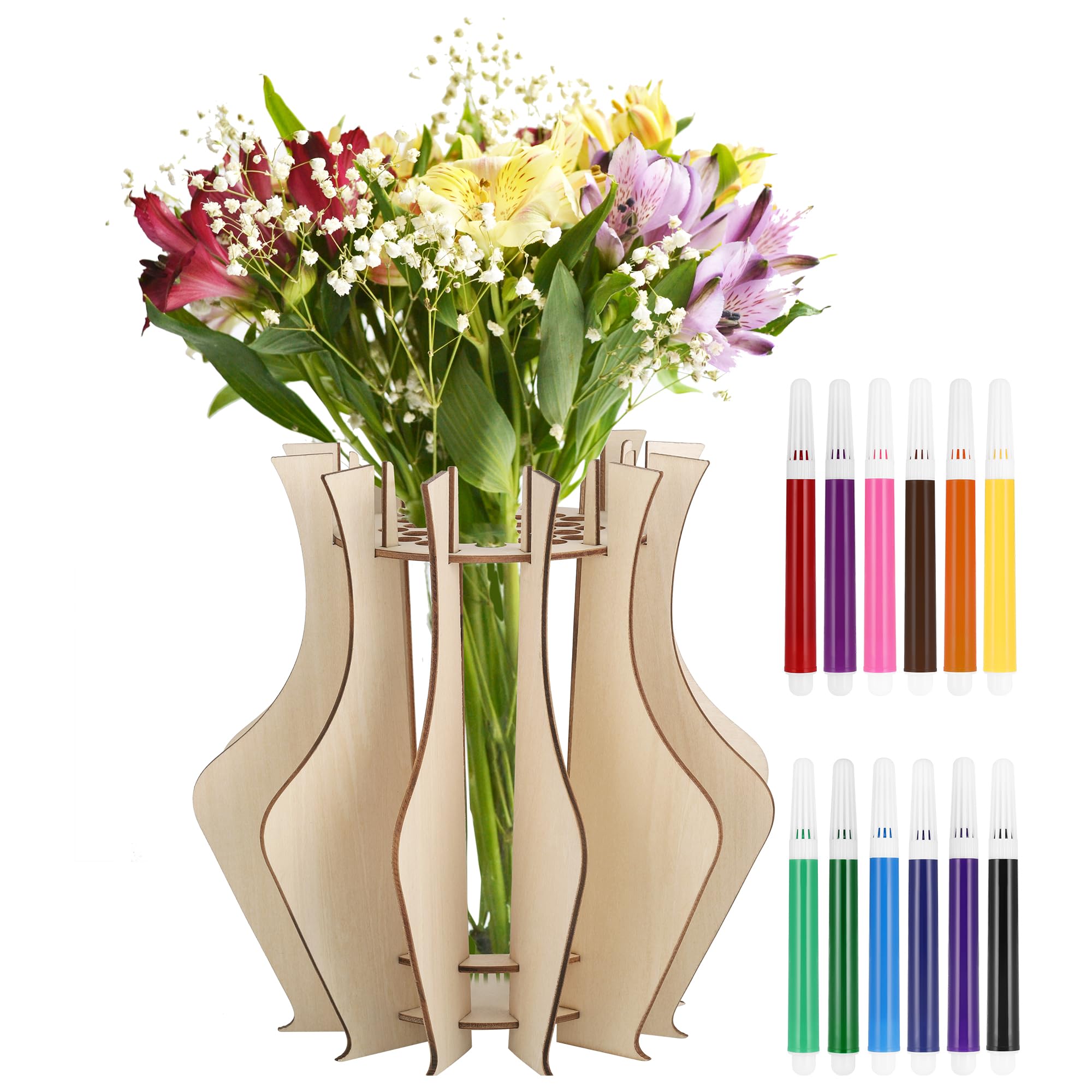 Huiguli Jarrón de Madera para Flores Lego, Jarrón de Puzle 3D con 12 Lápices Acuarelables, Juego de Construcción de Florero para Salón Cafetería Girasol Tulipán Orquídea Decoración