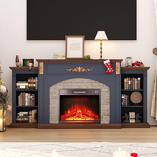 72" Electric Fireplace TV Stand - Fireplace with Mantel with Gold Carvings, Holds 80" TV Entertainment Center with 23" Heater Insert for Living Roon/Bedroom（Blue＆ Brown）
