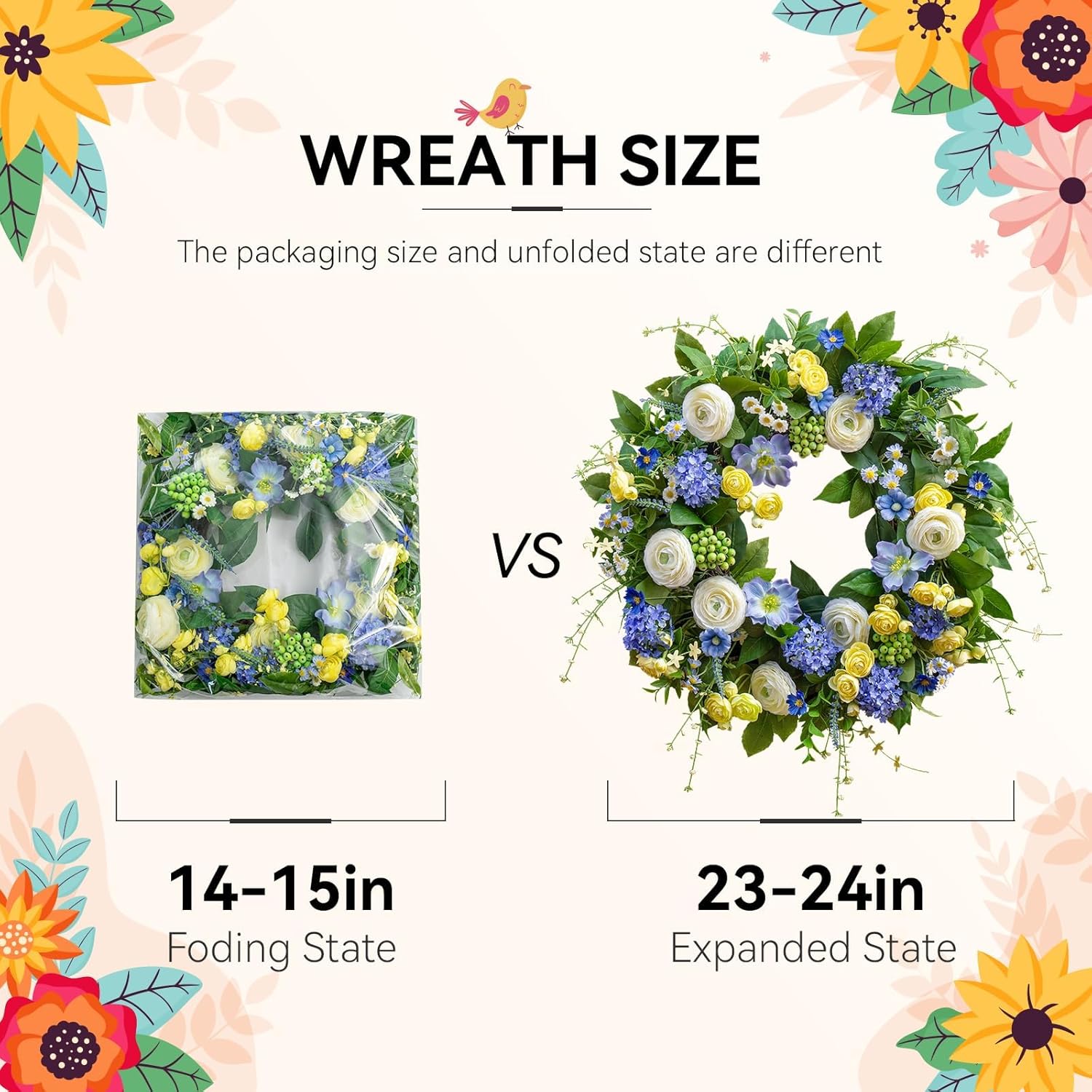24 Inch Spring Wreath for Front Door, Artificial Hydrangea, Anemone & Wild Daisy Flowers with Berry Accents, Spring and Summer Door Wreath for Indoor Outdoor Decor
