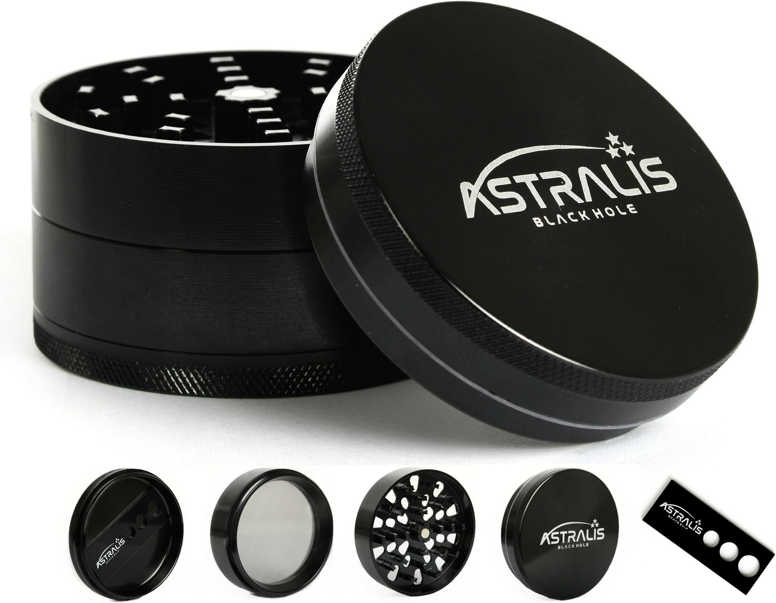Astralis Black Hole high-end herb grinder, 4-piece set, aluminium, black, diameter 63 mm (large)