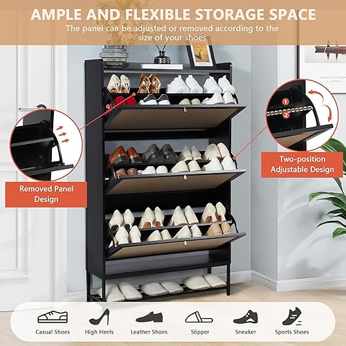 Miniatura 4 de LEVNARY Zapatero con 3 cajones abatibles, organizador independiente de almacenamiento de zapatos para entrada, zapatero estrecho de madera para el