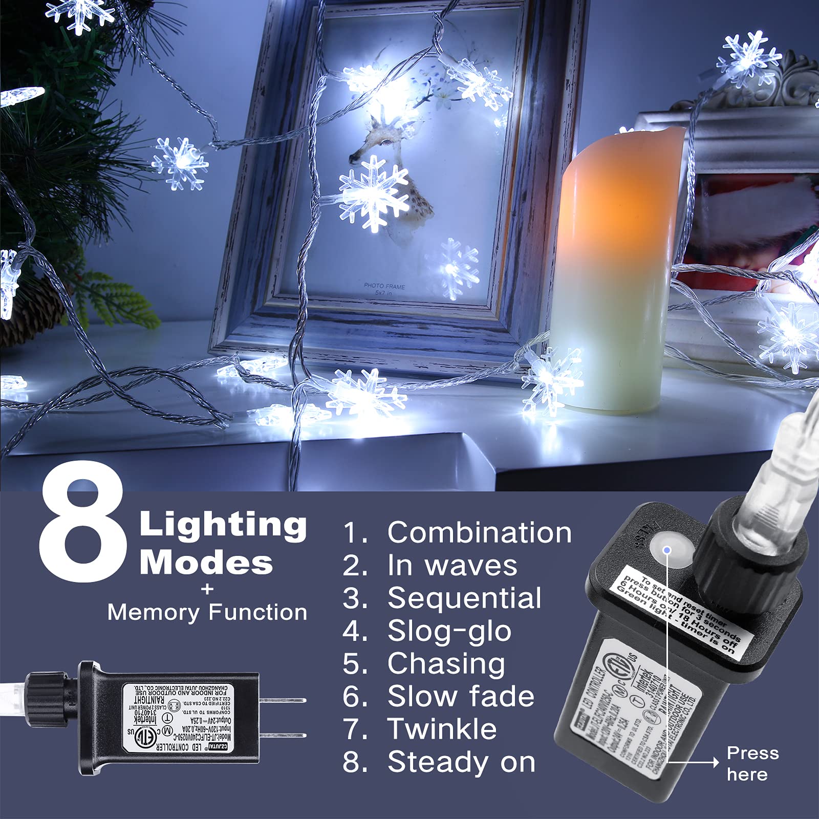 Christmas Snowflake String Lights, 49 ft 100 LED Connectable Christmas Fairy Lights with 8 Modes, Waterproof Plug in Snowflake Lights for Christmas Party, Home, Christmas Tree Decorations (White)