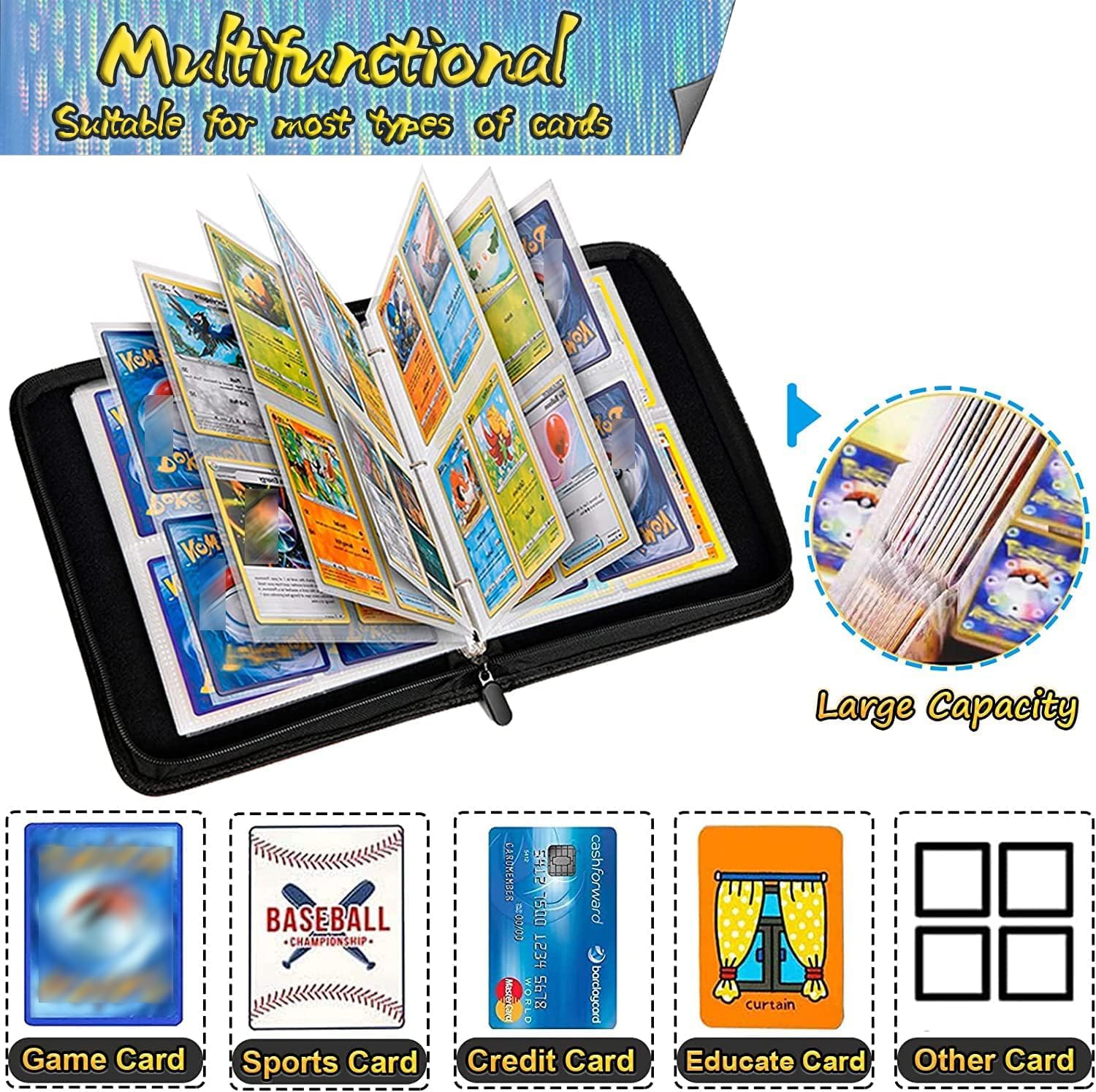 Sparkly Trading Card Binder 4-Pocket Zippered with 50 Removable Pages – Holds 400 Card TCG/CCG Cards,Waterproof & Storage Album for MTG,Sports Cards | Organizer Gift for Collectors (Blue)