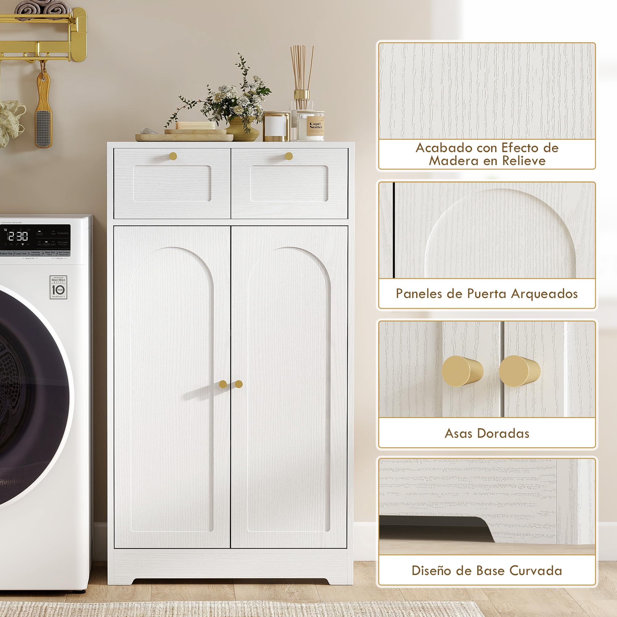 HOMCOM Armario de Baño Estrecho con 2 Cajones 60x30x108 cm Blanco Veteado | Mueble Auxiliar de Baño, Estante Abierto, Puerta con Panel Arqueado, Estilo Moderno, para Espacios Pequeños