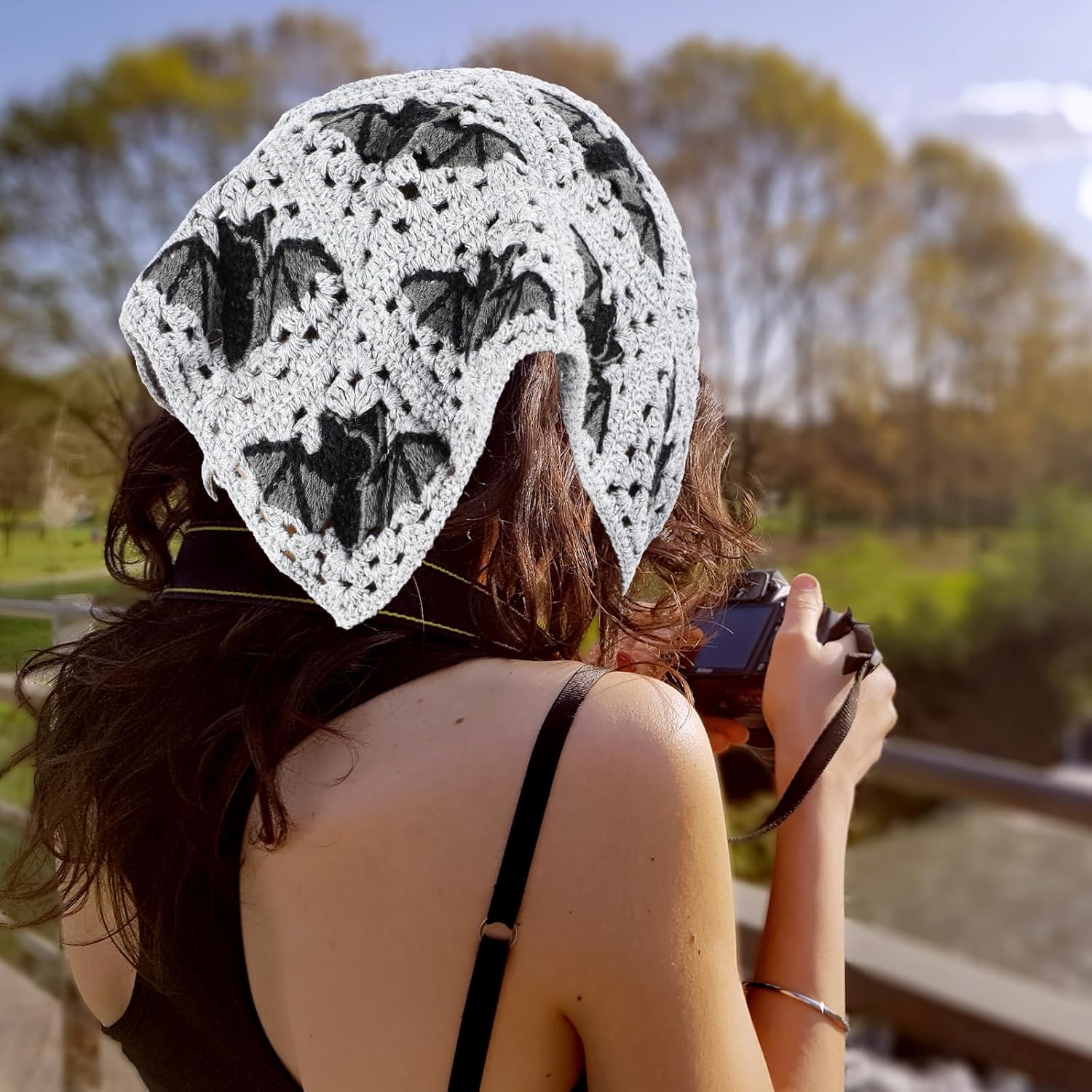 Gothic Crochet Headbands Cotton Knit Triangle Headband Greyscale Winter Style Head Scarf Christmas Vintage Crochet Hair Styling Decor Bat Pattern Bandana for Women - Image 4