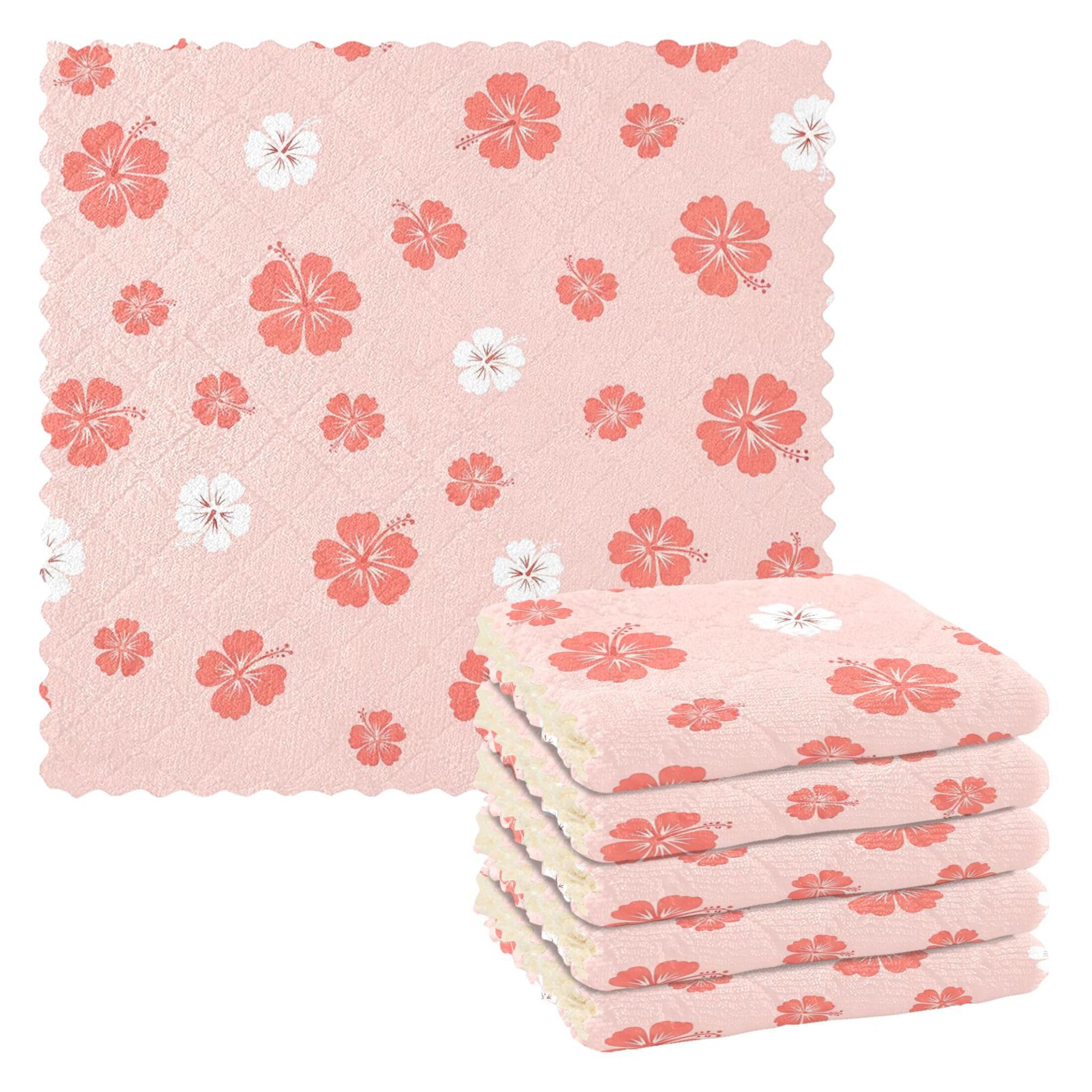 Fuauuyl Hibiscus Pink Kitchen Dish Towel Set of 6, Soft Absorbent Washable Cleaning Cloths Dish Rags Tea Bar Drying Towels, 11x11 In