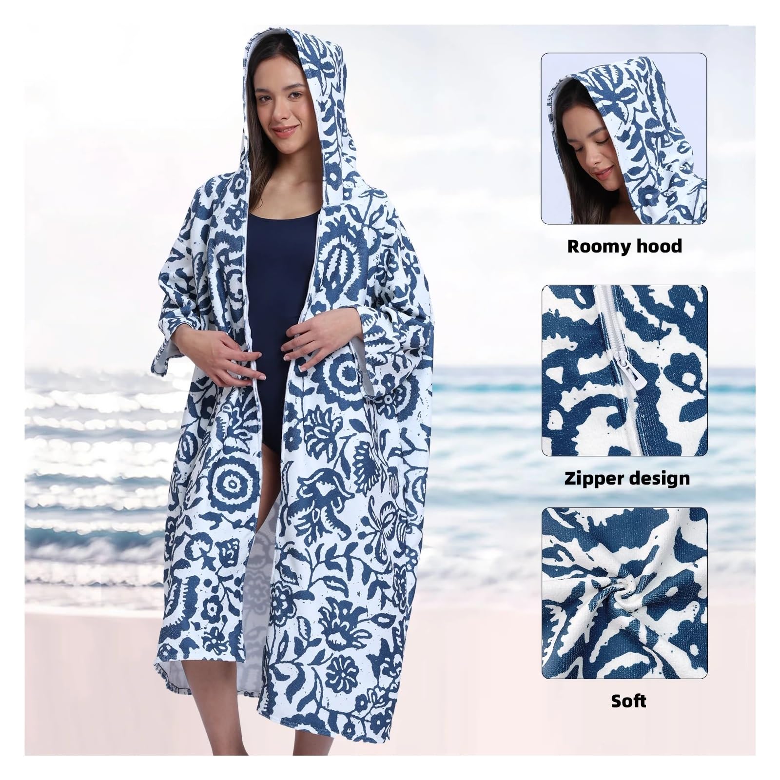 Toalla de baño con Capucha for Adultos - Toalla de Playa con Estampado Floral Azul y Cremallera, poliéster de Secado rápido for Piscina y Playa(Pink)