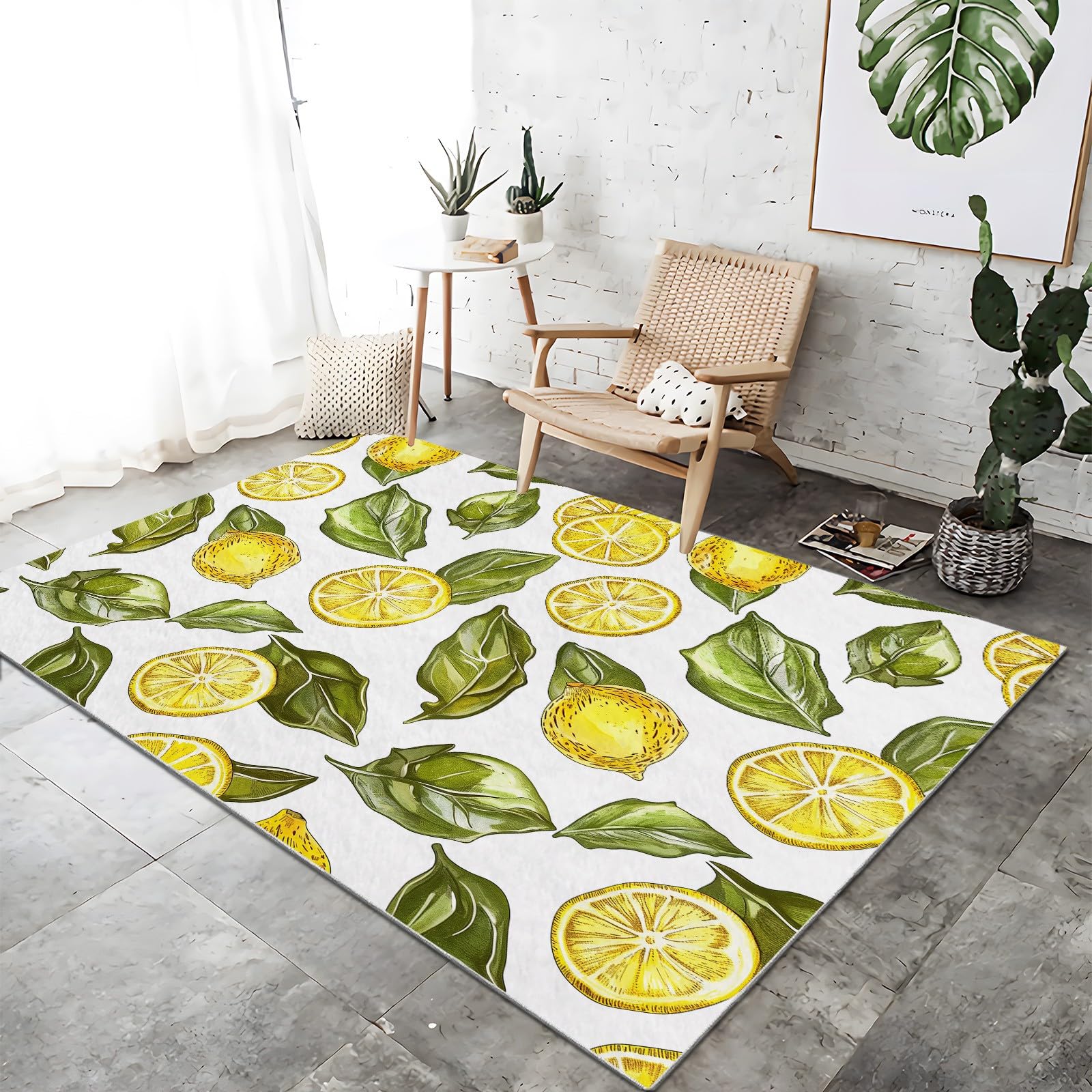 Generisch Teppich Wohnzimmer 120 x 170 cm Weiß Handgezeichneter Stil Zitronen Blätter 3D Fußmatte Jugendzimmer Esszimmer und Schlafzimmer Teppich Kurzflor Bodenmatte Extra Weich Pflegeleicht