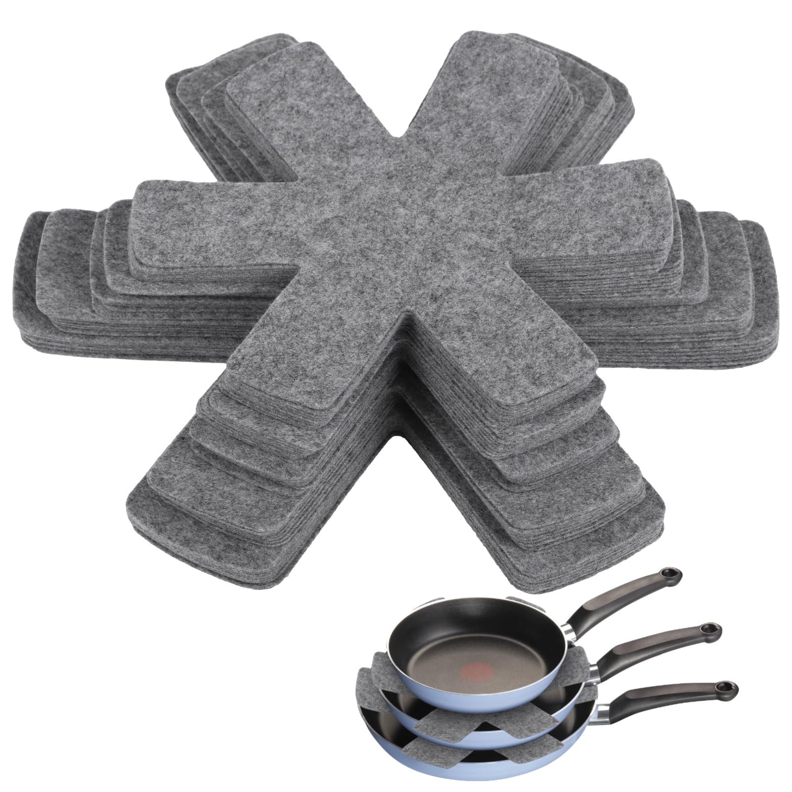 40 protectores de fieltro gris para ollas, almohadillas divisoras de 5 tamaños para utensilios de cocina apilables, antiarañazos y almohadillas de aislamiento térmico para uso en cocina