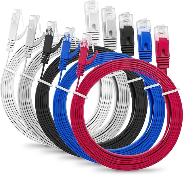 Multi Cable SLIM FLAT 1m Cat6 RJ45 Ethernet Network Patch Lan cable - Multi Coloured"5 Pack" - 1 meter + 15 Cable ties