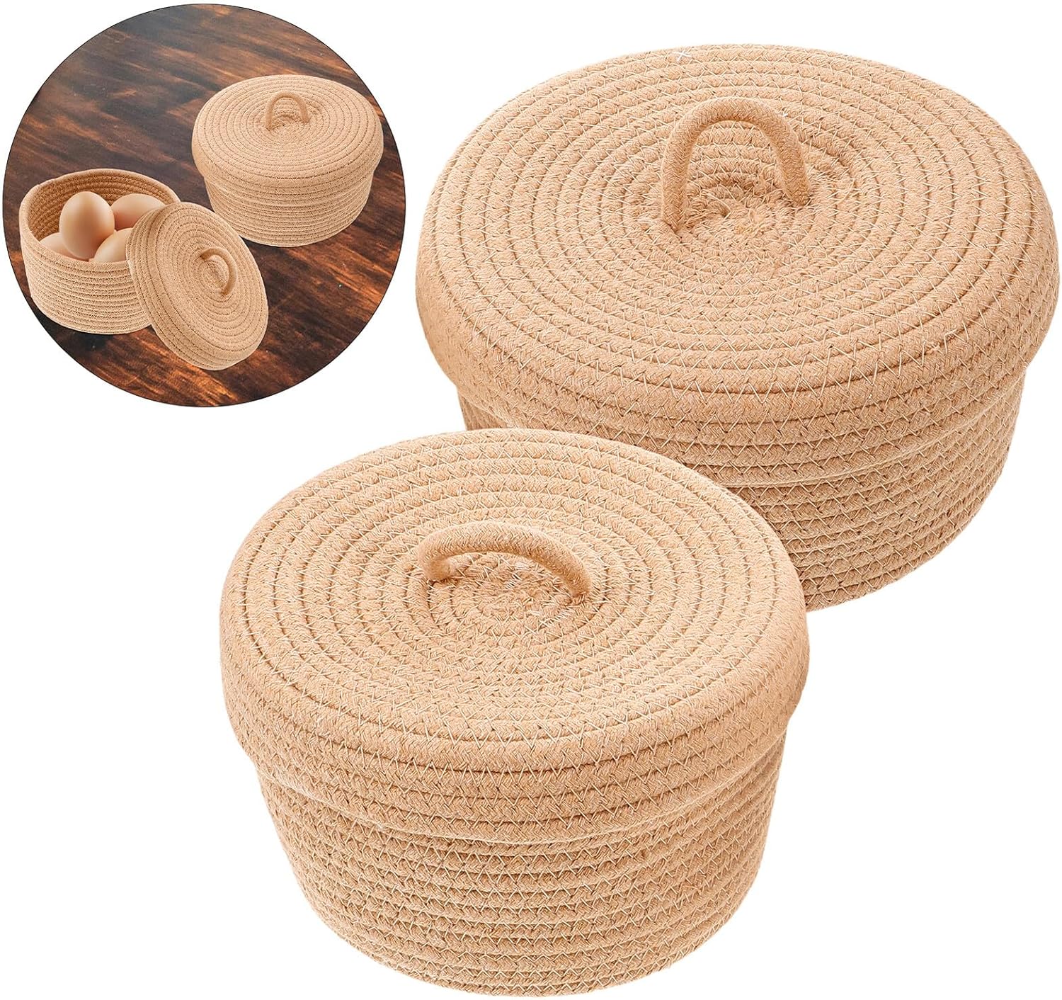 FOMIYES Woven Cotton Rope Storage Basket 2pcs Set, Small Decorative Organizer Bins for Desktop and Entryway, Home Sundries Holder for Snacks and Eggs