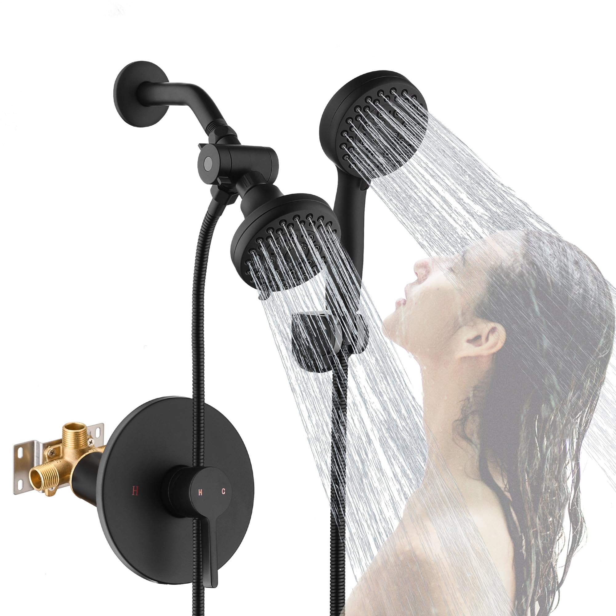 FRANSITON Matte Black Shower System High Pressure 5-Spray Rain Shower Head and Handle Combo Set with Valve 3-Way Diverter for Bathroom