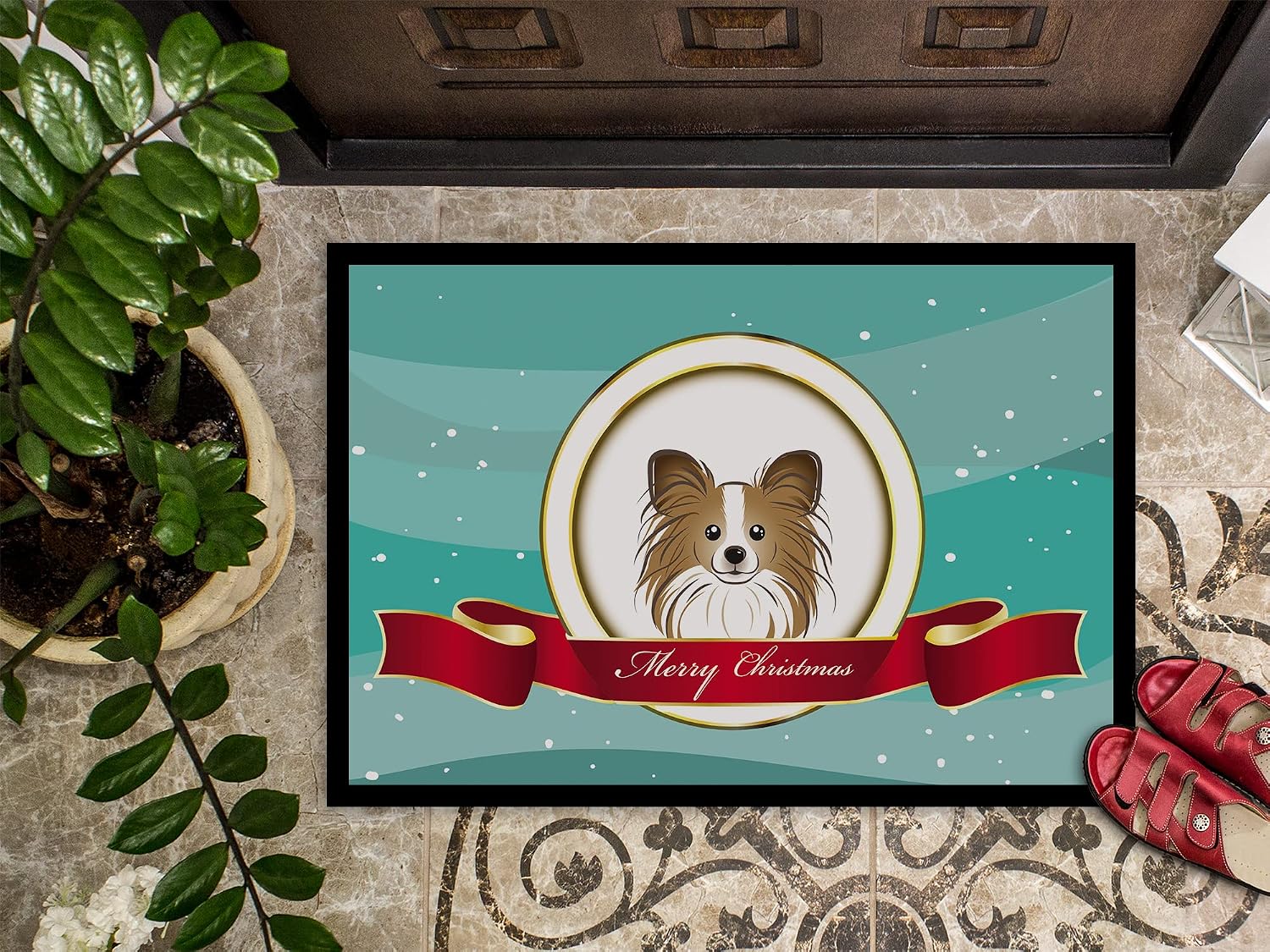 Caroline's Treasures BB1558JMAT Papillon Merry Christmas Doormat 24x36 Front Door Mat Indoor Outdoor Rugs for Entryway, Non Slip Washable Low Pile, 24H X 36W