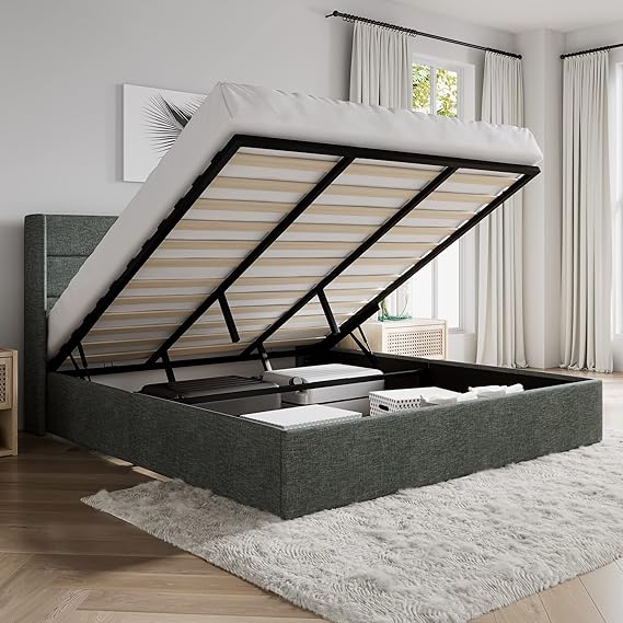 SHA CERLIN King Size Lift Up Storage Bed/Modern Wingback Headboard/Upholstered Platform Bed Frame/Hydraulic Storage/No Box Spring Needed/Wood Slats Support/Dark Grey