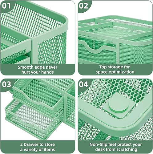 Miniatura 6 de Marbrasse Organizador de escritorio de malla, organizador de bolígrafos con 2 cajones, soporte multifuncional para lápices, organizadores de