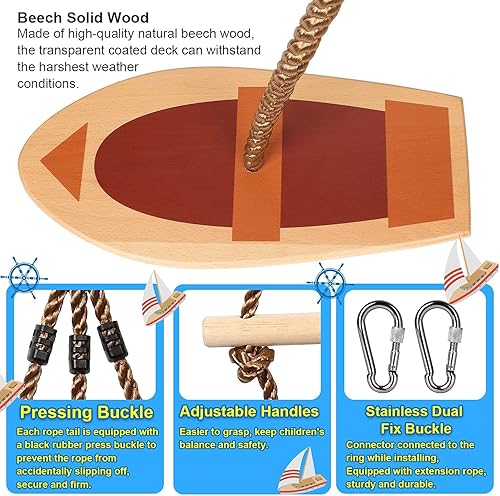 Miniatura 3 de Columpios de madera para niños al aire libre, juego único de columpio colgante de madera en forma de barco para patio trasero, asiento de columpio