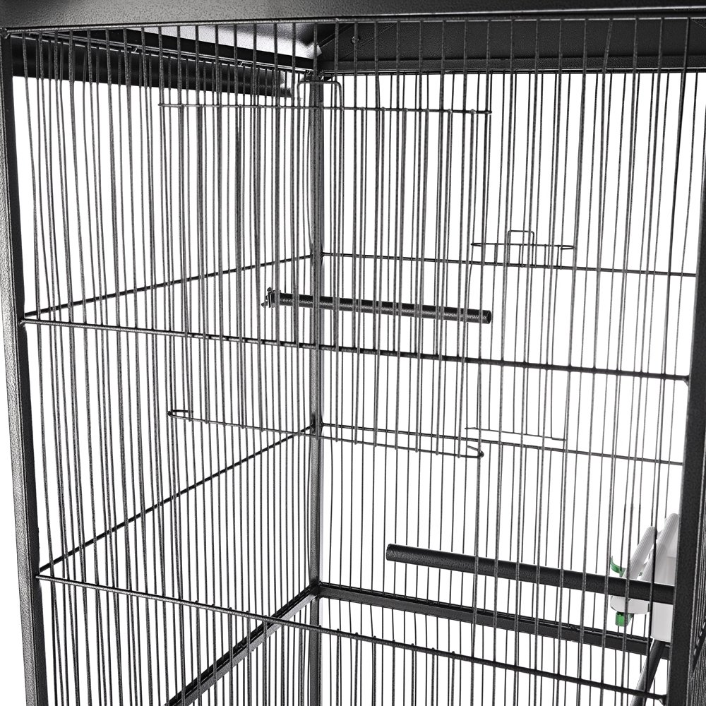 Melko® pájaro voliere/Pajarera/Animales jaula de hierro, Gris, aprox. 155 cm x 66 cm x 66 cm (H x B x T; incluye techo vorsprung) | Incluye 4 perchas, comedero y dispensador de agua, distancia de rejilla de 1,2 cm, cajón extraíble, para canarios