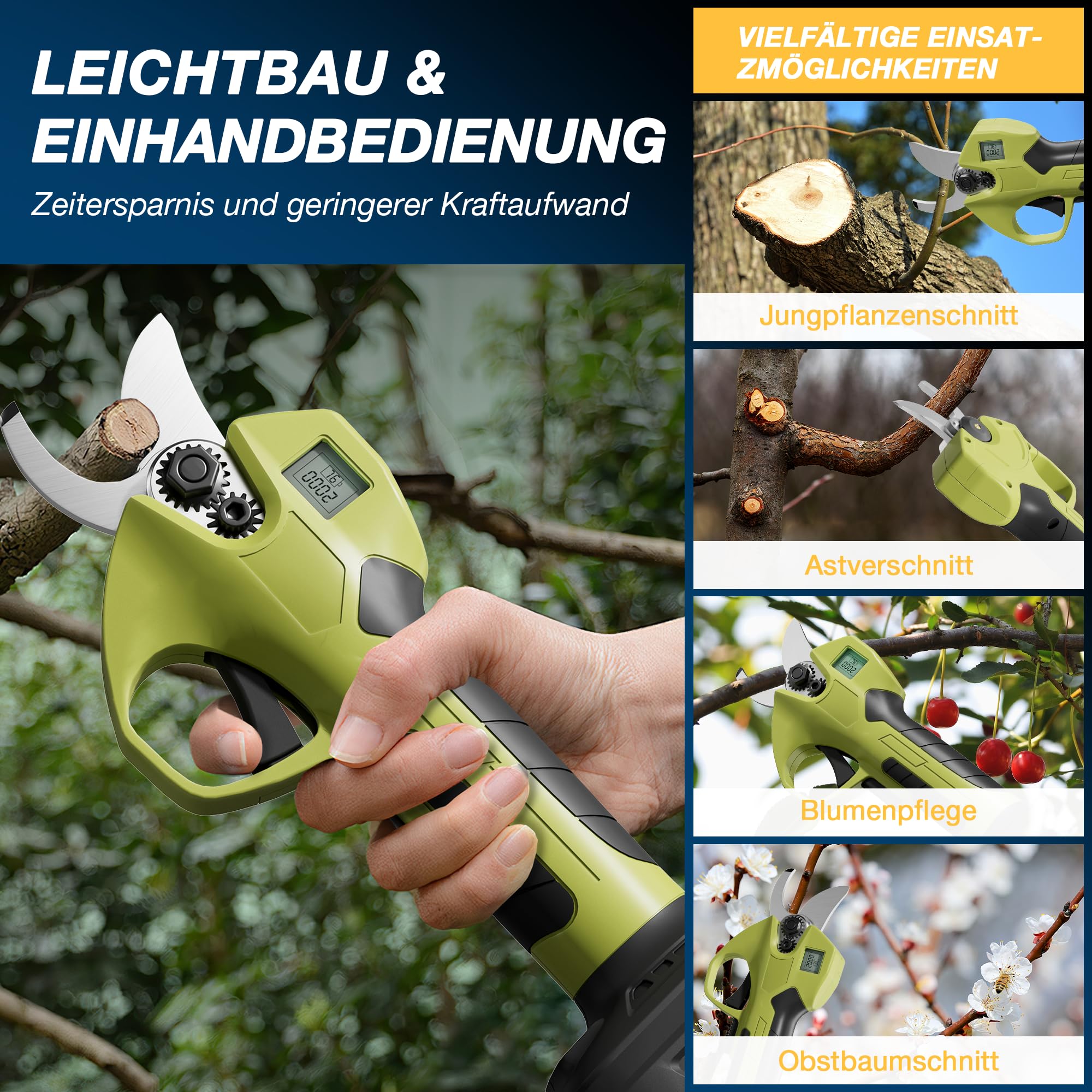 Akku Astschere Professionelle Elektrische Gartenschere mit LCD-Anzeige | Bürstenloser Motor | 2 x 2000mAh 21V Akkus | Max. 40mm Schnittdurchmesser | Sicherheitsschalter | Für Äste & Sträucher