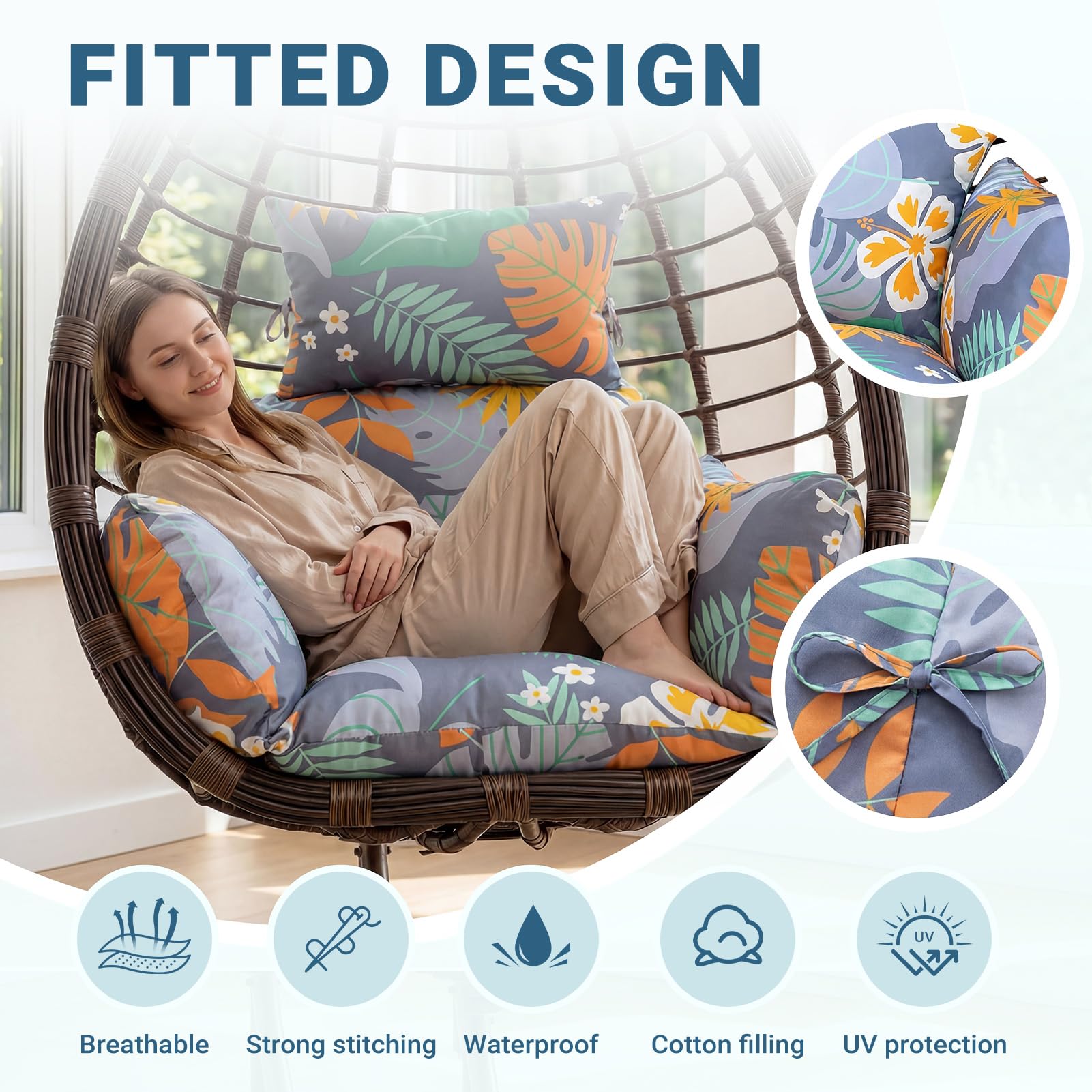 Awoyep Coussin de rechange pour balancelle : coussins de chaise suspendus imperméables et épais en osier pour intérieur ou extérieur avec coussin d'appui-tête (Flowers2)