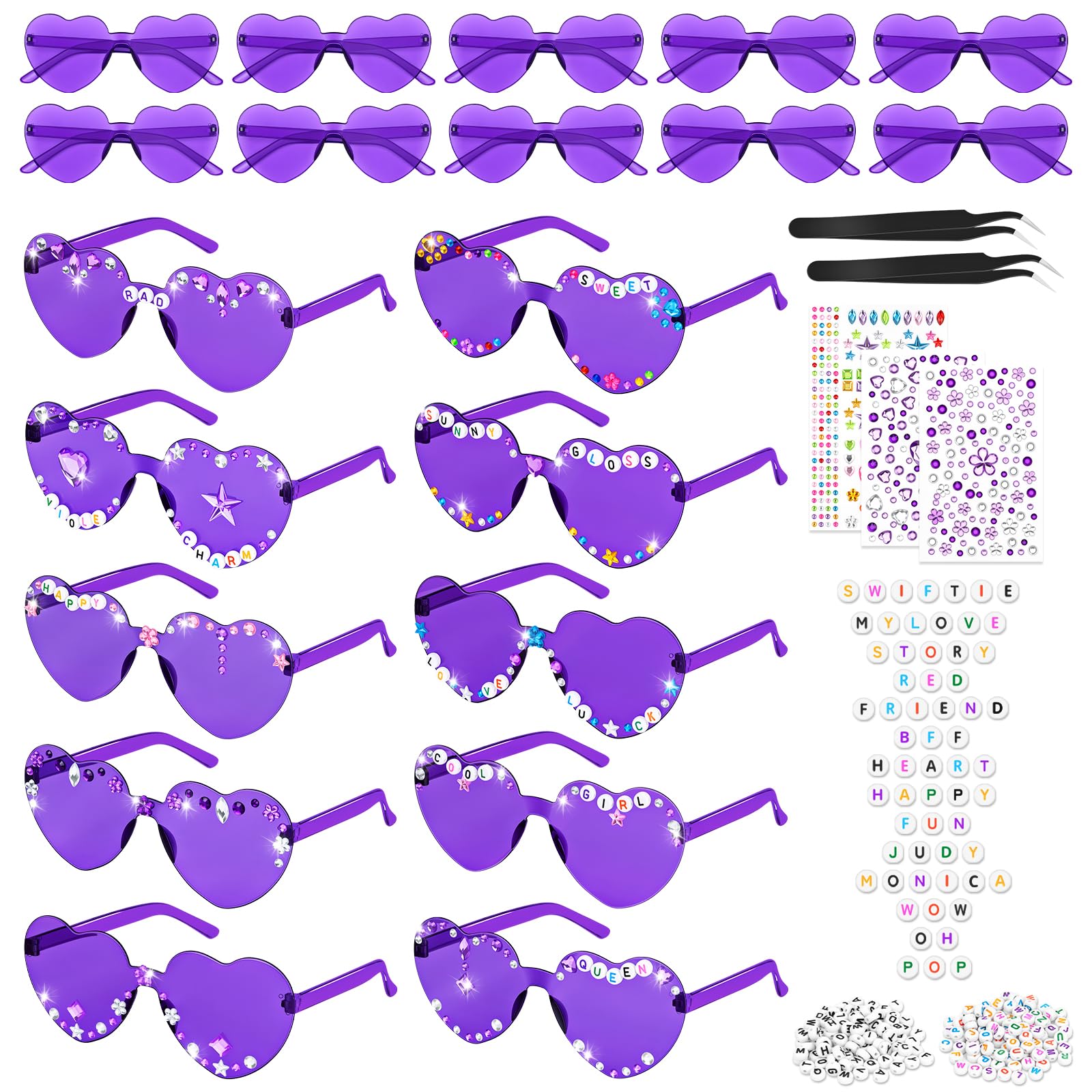 SelfTek DIY Heart Glasses, 10 Pieces Heart Sunglasses Party Glasses Heart Shape Glasses, JGA Glasses for Fans 1989 Era, Heart Shape Sunglasses for Party Wedding Carnival (10PCS-DIY Purple)