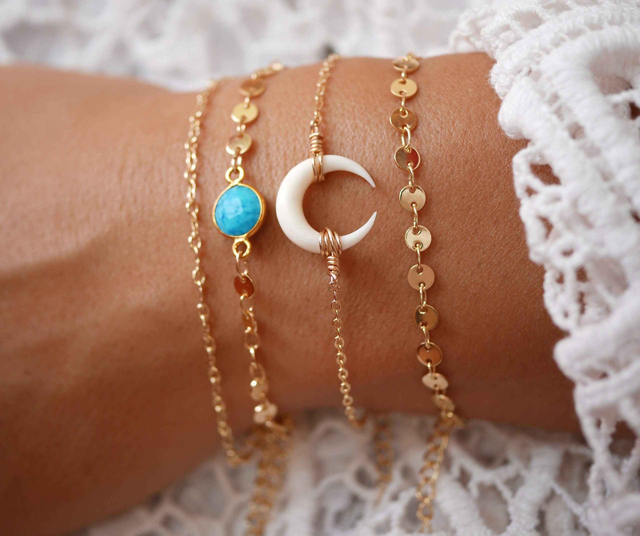 Lot de 4 Bracelets plaqués or - Lune os blanc - bracelet croissant de lune - bracelet pierre Turquoise - Bracelet Chaîne dorée - multirangs