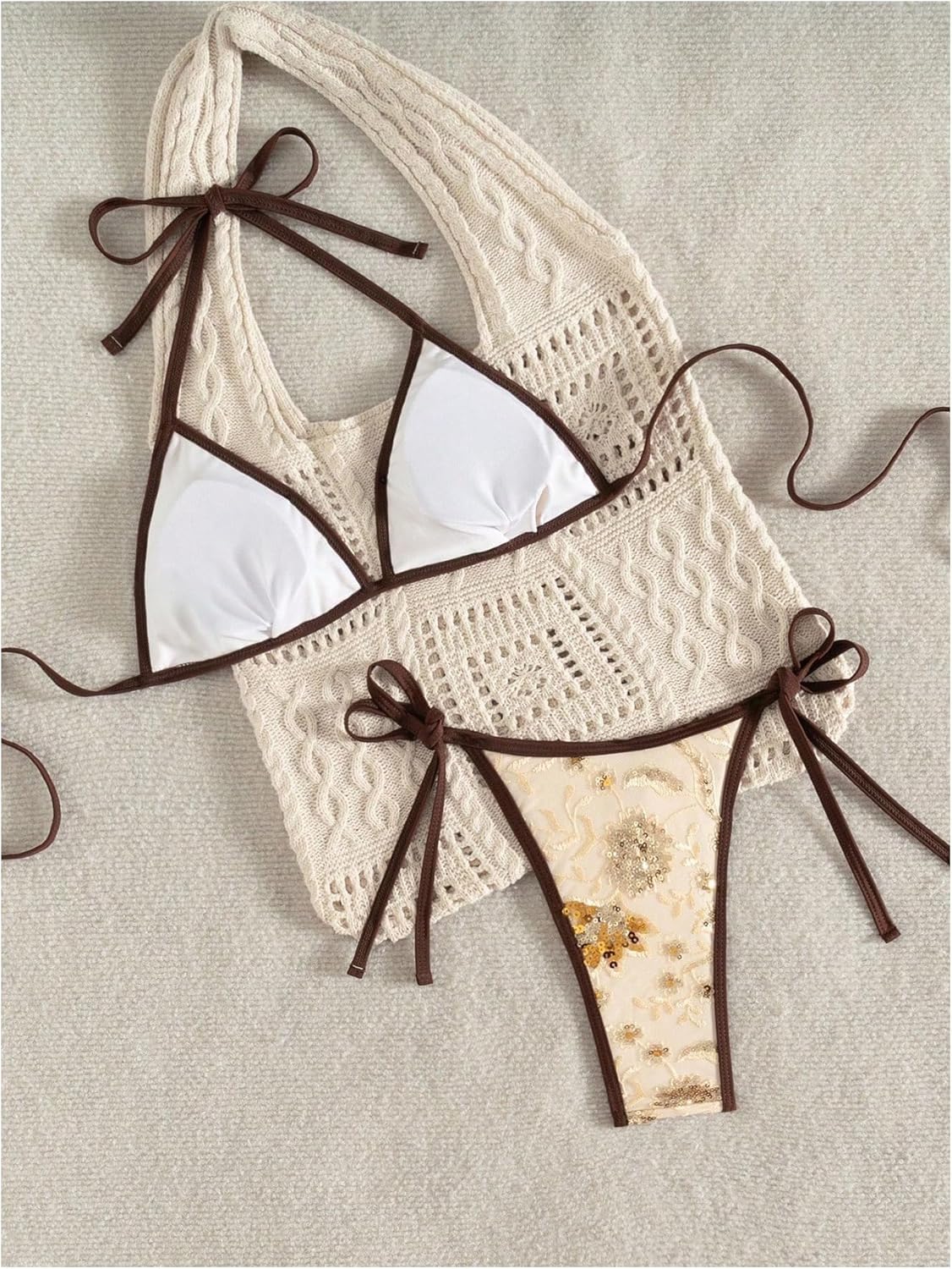 SOLY HUX Women's Cheeky Bikini Set Sequin Shiny Halter String Bathing Suit Boho Two Piece Swimsuits