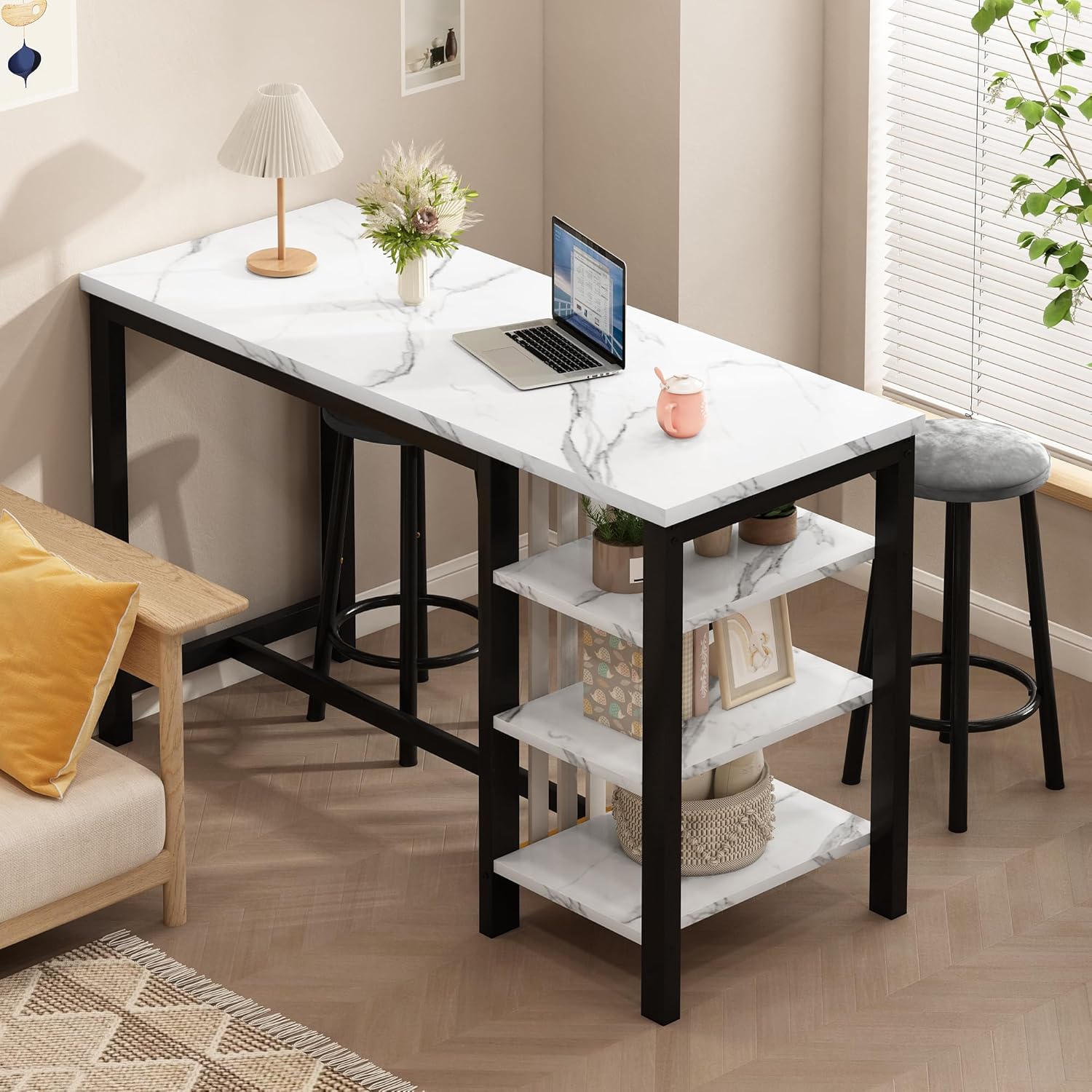 AWQM Bar Table Set with Storage Shelves, 47" Modern White Faux Marble Breakfast Table with 2 Velvet Stools, 3-Piece Dining Set for 2, Space Saving Table for Kitchen/Dining Room/Living Room/Studio
