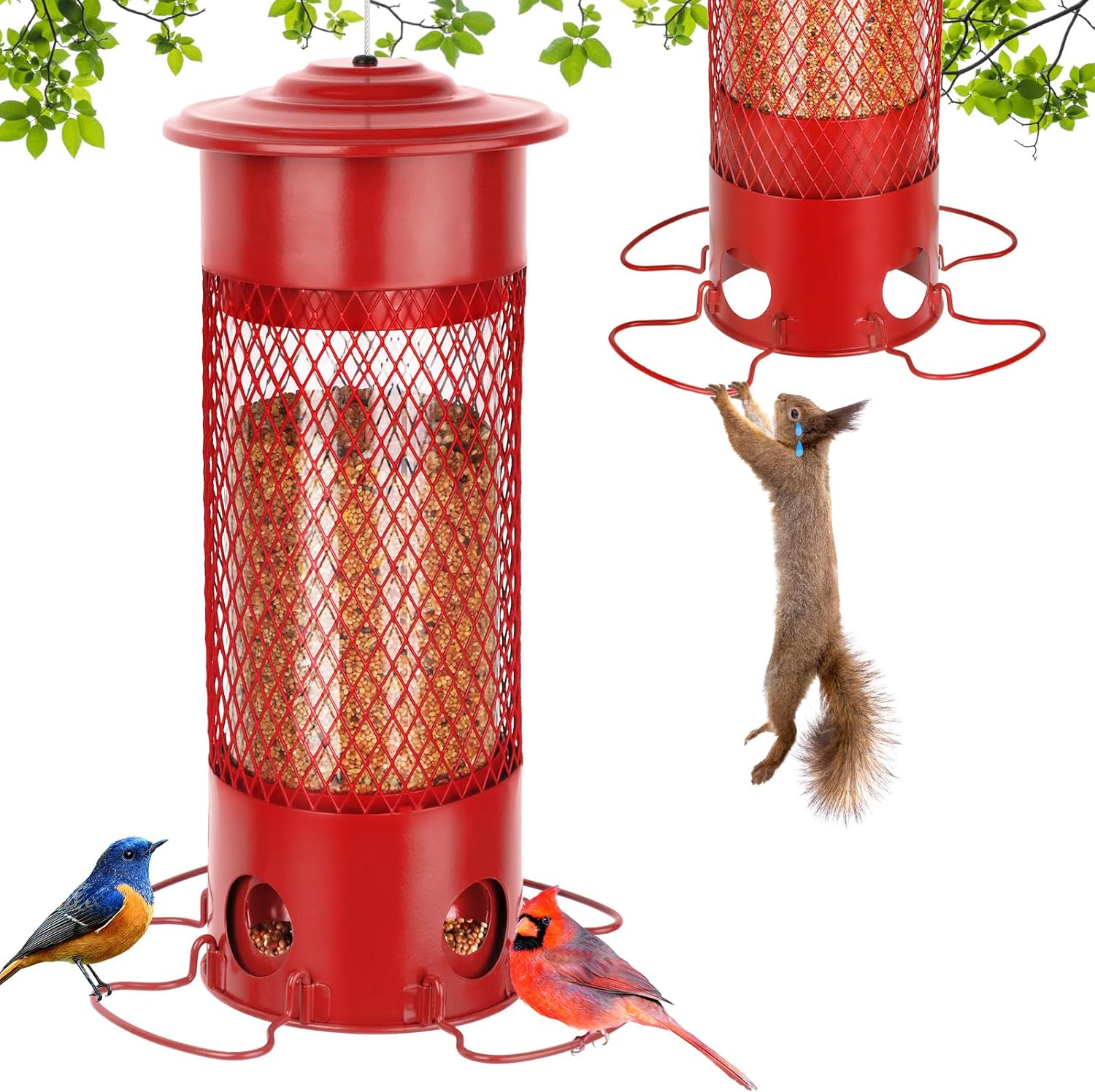 Squirrel Proof Bird Feeders for Outdoors Hanging, Weight Activated Metal Mesh Tube Squirrel Proof Wild Bird Feeders for Outside Cardinals Finches Blue Jay, Large Capacity, 4 Perches & Ports, Red