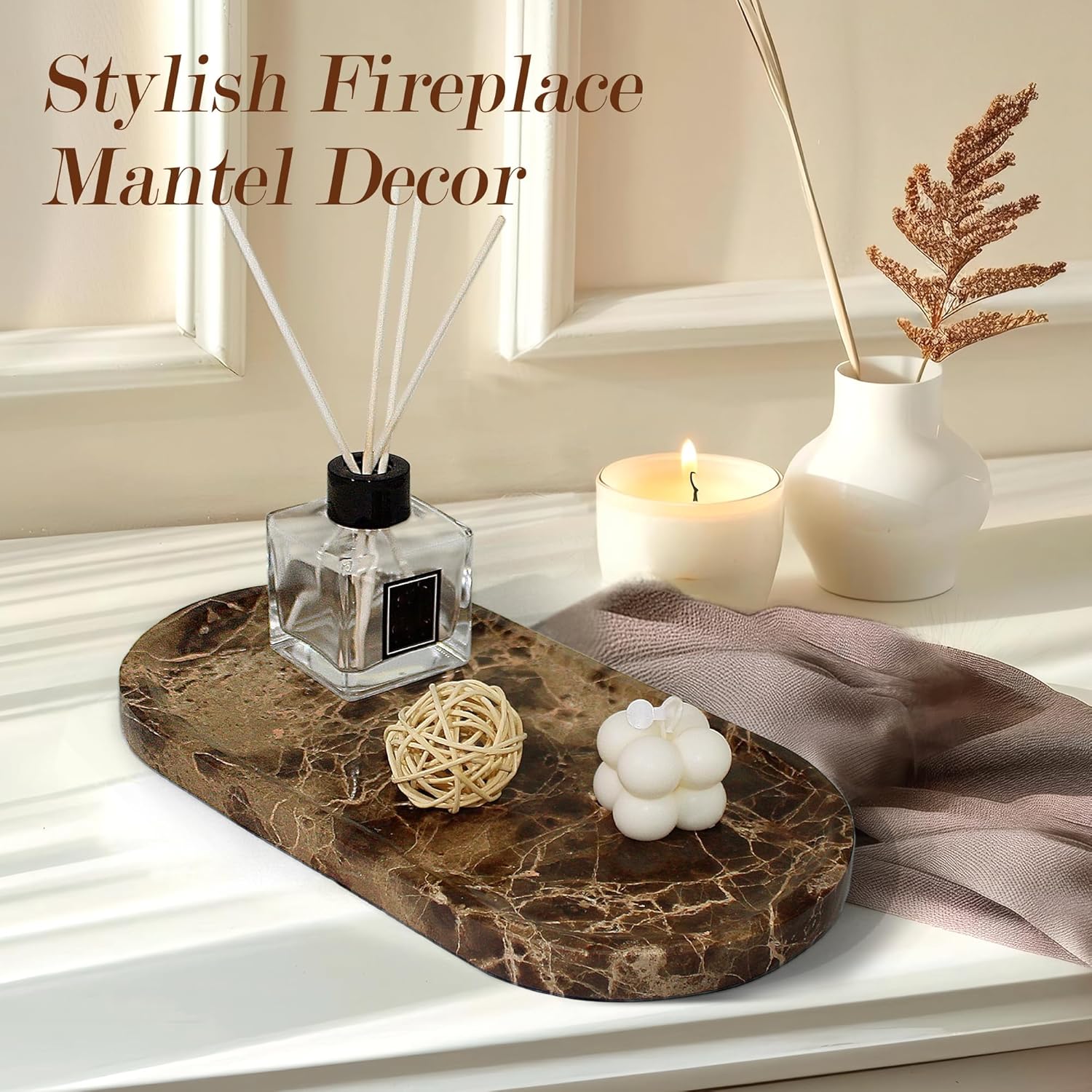 Genuine Real Natural Marble Tray for Bathroom, Luxury Dark Brown Stone Vanity Tray, Decorative Oval Trays for Countertop Storage, Vanity, Dresser, Kitchen, Home Decor, 11.8" x 6", Brown - Image 2