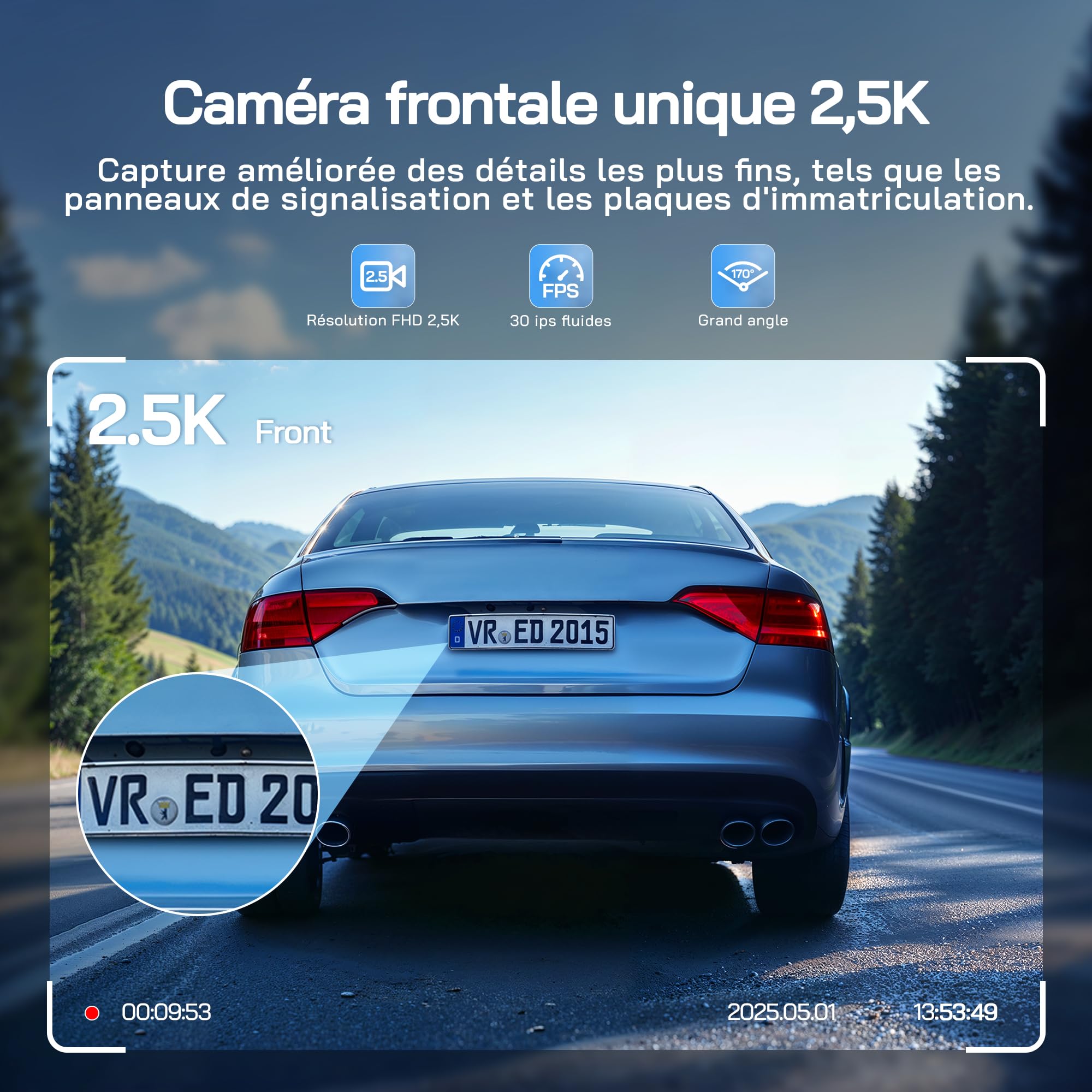 WOLFANG 2.5K Dashcam Voiture, Wi-FI Caméra Voiture, IPS 2" Grand Angle 170°, G-Capteur, Mode Stationnement 24H, Vision Nocturne, Enregistrement en Boucle
