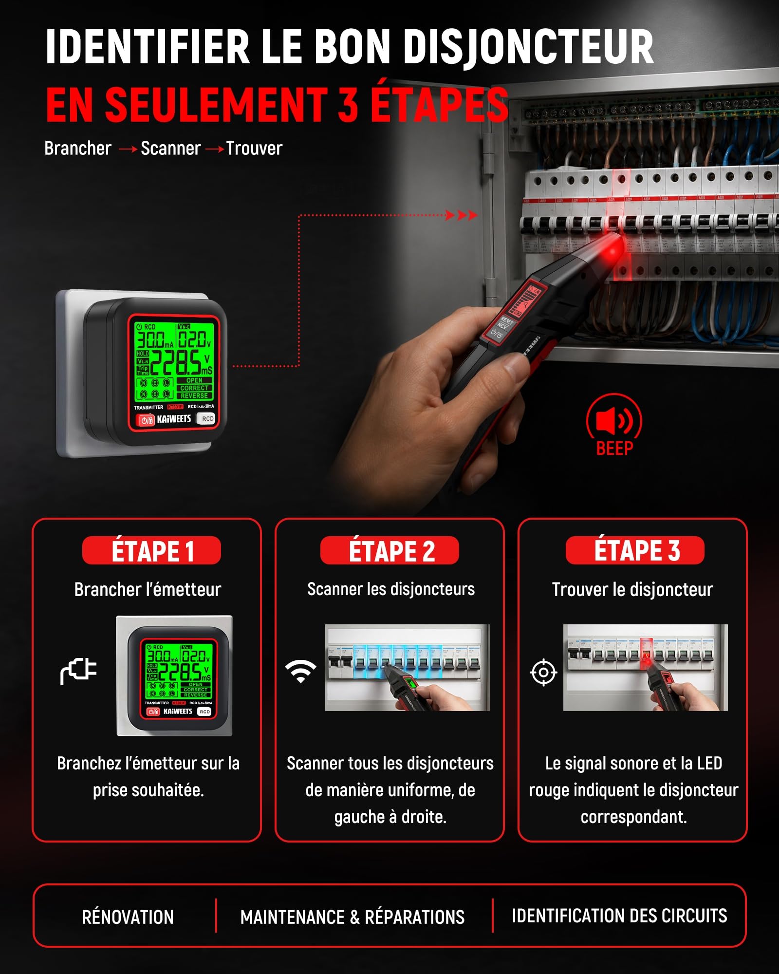 KAIWEETS Localisateur de Disjoncteurs avec Écran LCD 2,2", Testeur de Prise avec Test RCD, Détection de Tension NCV et Lampe Torche LED pour Électriciens et Particuliers