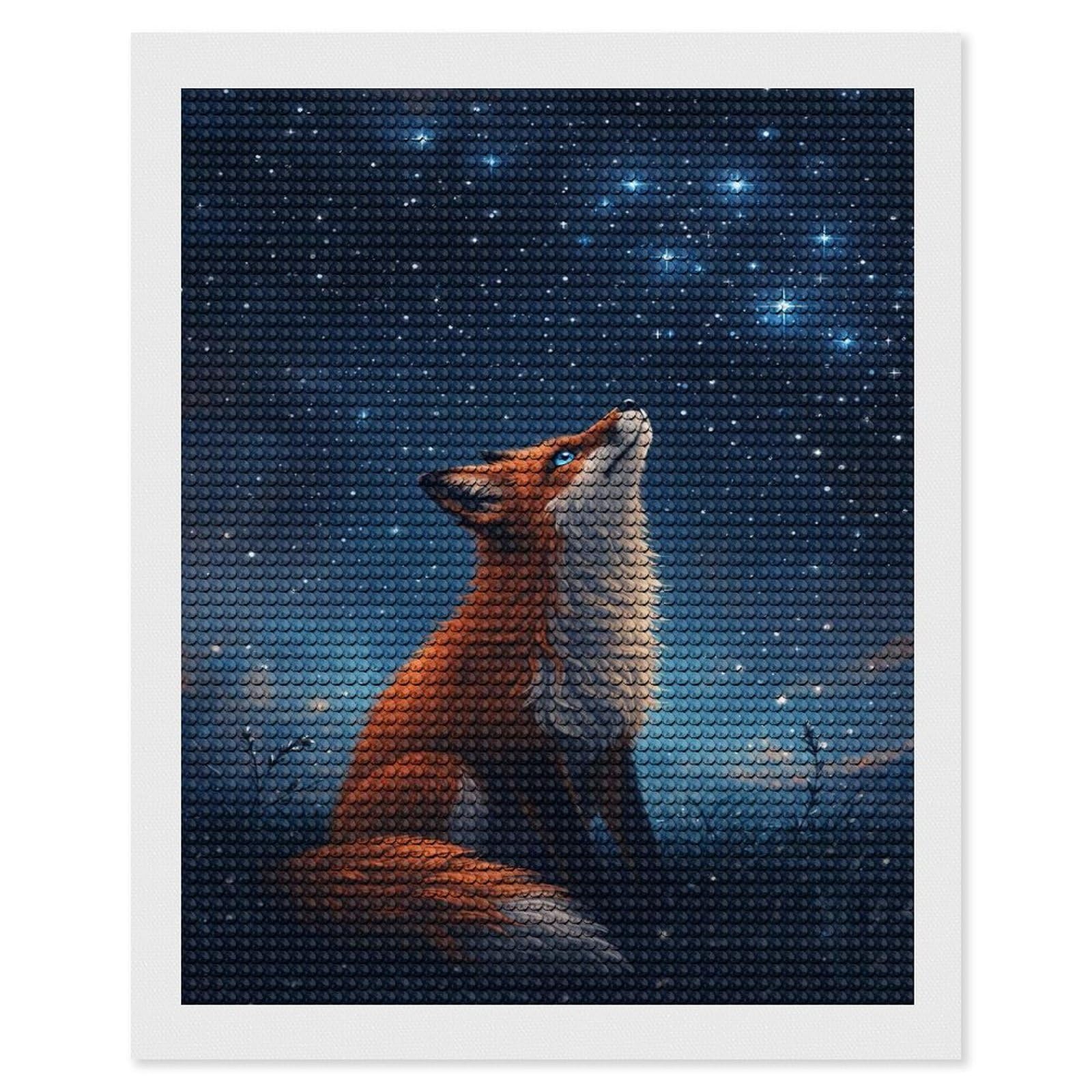 Junmoney Starry-Eyed Fox Under The Night Sky Diamond Painting Kit 16"x20", Thoughtful Handmade Gift, for Creative Relaxation, Printed Canvas, Cosy Home Accent