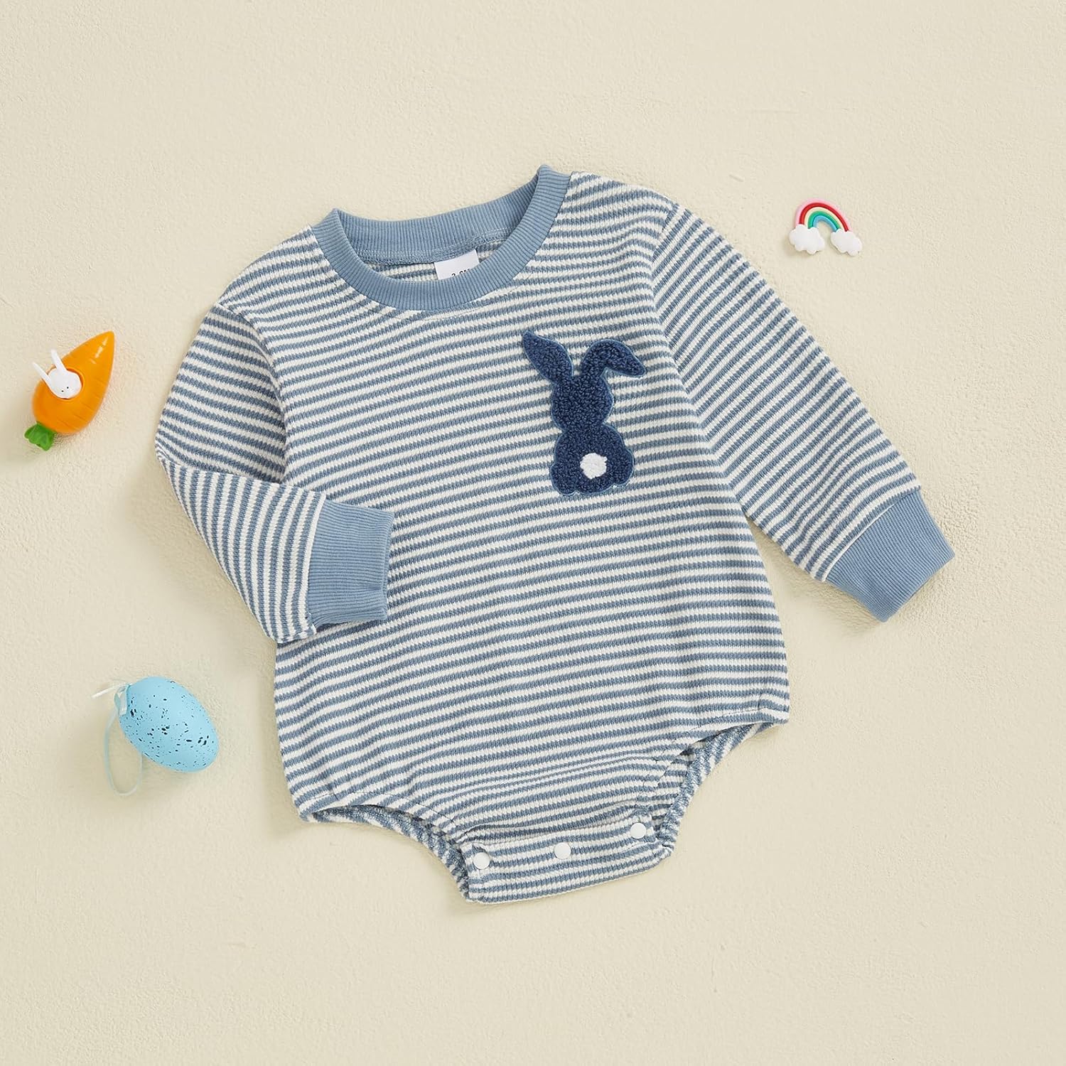 Baby Girl Boy Easter Outfit Bunny Carrot Embroidery Sweatshirt Romper Stripe Waffle Long Sleeve Bodysuit Tops - Image 2
