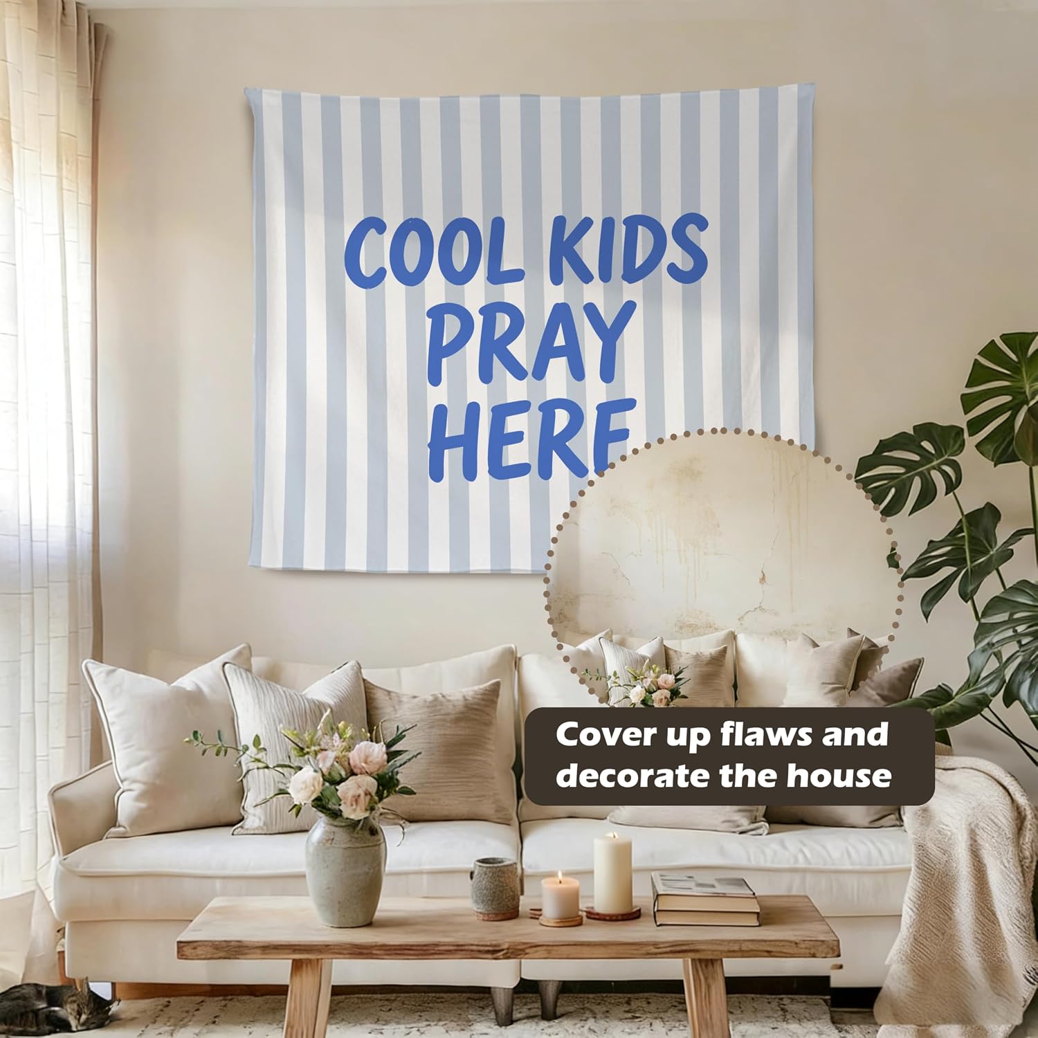 MKYFHSVGD Blue Striped Christian Tapestry Wall Hanging, Cool Kids Pray Here Trendy Wall Tapestry for Kids Prayer Room Bedroom Church Nursery Home Decorations, 50x60 Inch image 5