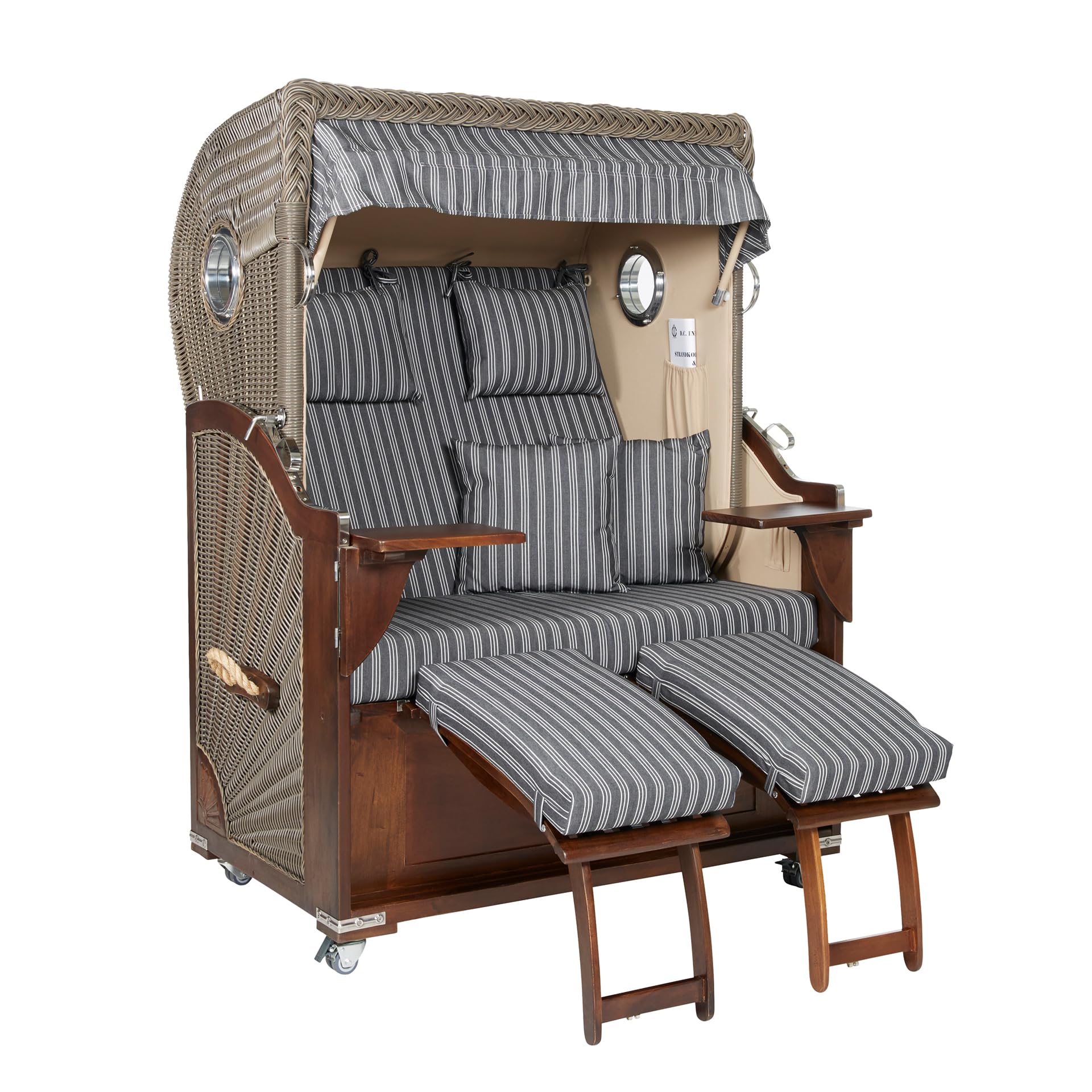 Premium Strandkorb Atlantik in Anthrazit | Vollieger aus Mahagoni | Luxus 2,5 Sitzer mit Bullauge | Garten Terrasse etc. | inkl. Schutzhülle